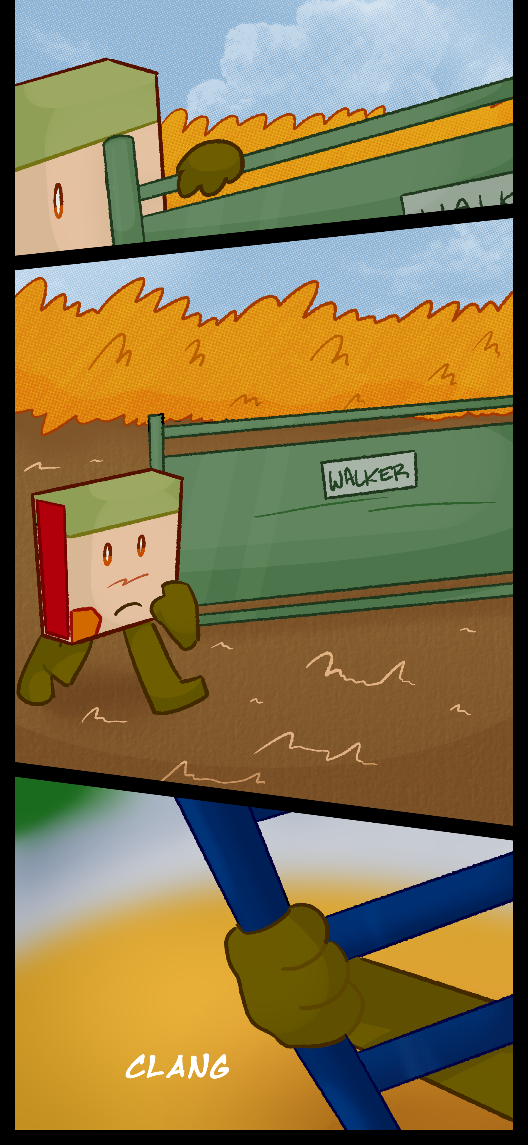 Lance opens a large fence door with his last name Walker on it. He walks through before going to climb a blue ladder.