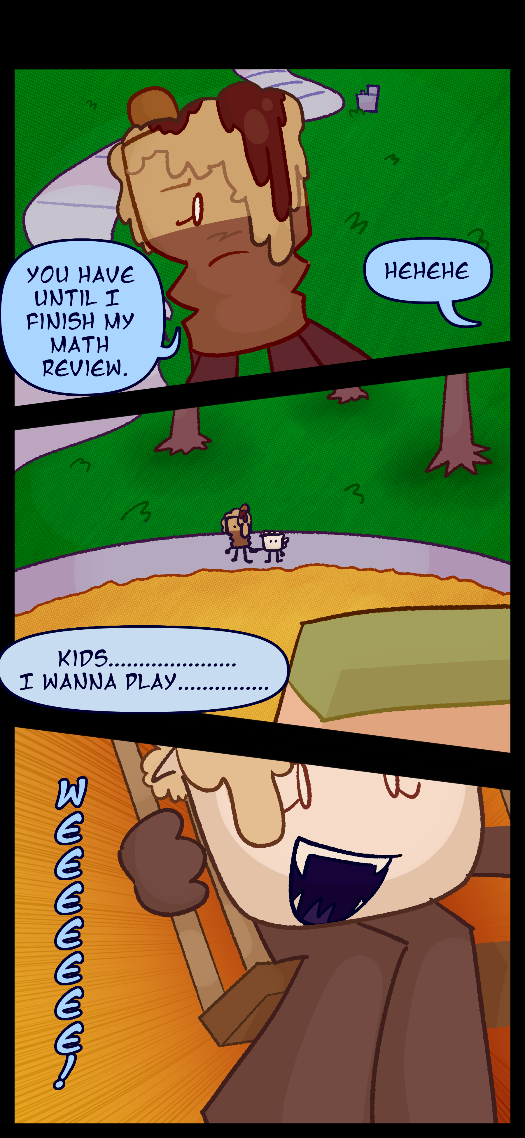 Lora giggles as Avery brings her to the playground and says "You have until I finish my math review." Lance thinks to himself "Kids... I wanna play..." Lora plays on the swingset.