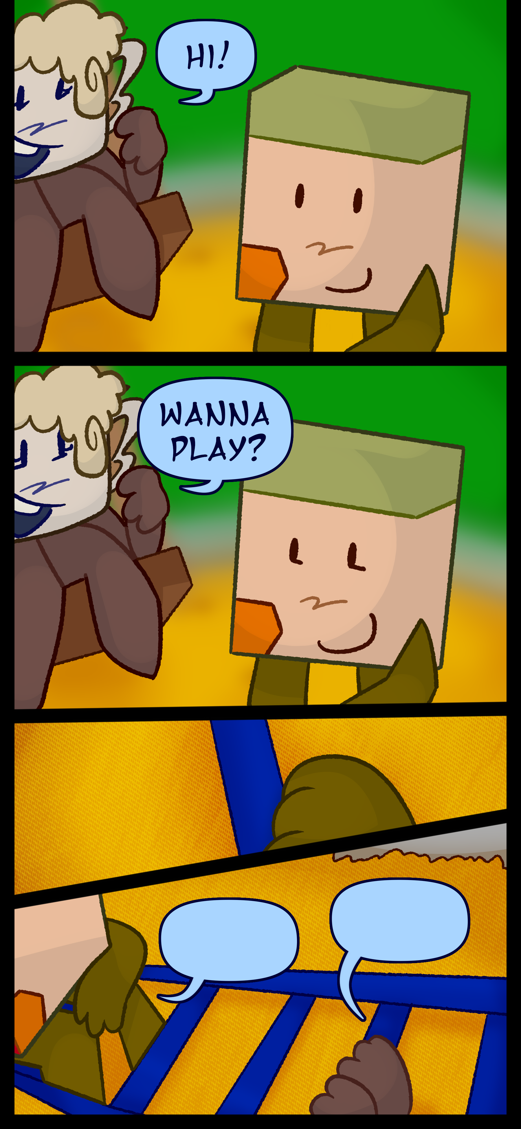 Lance approaches Lora and she asks "Hi! Wanna play!" Lance is excited. The two climb a set of blue monkey bars and chat.