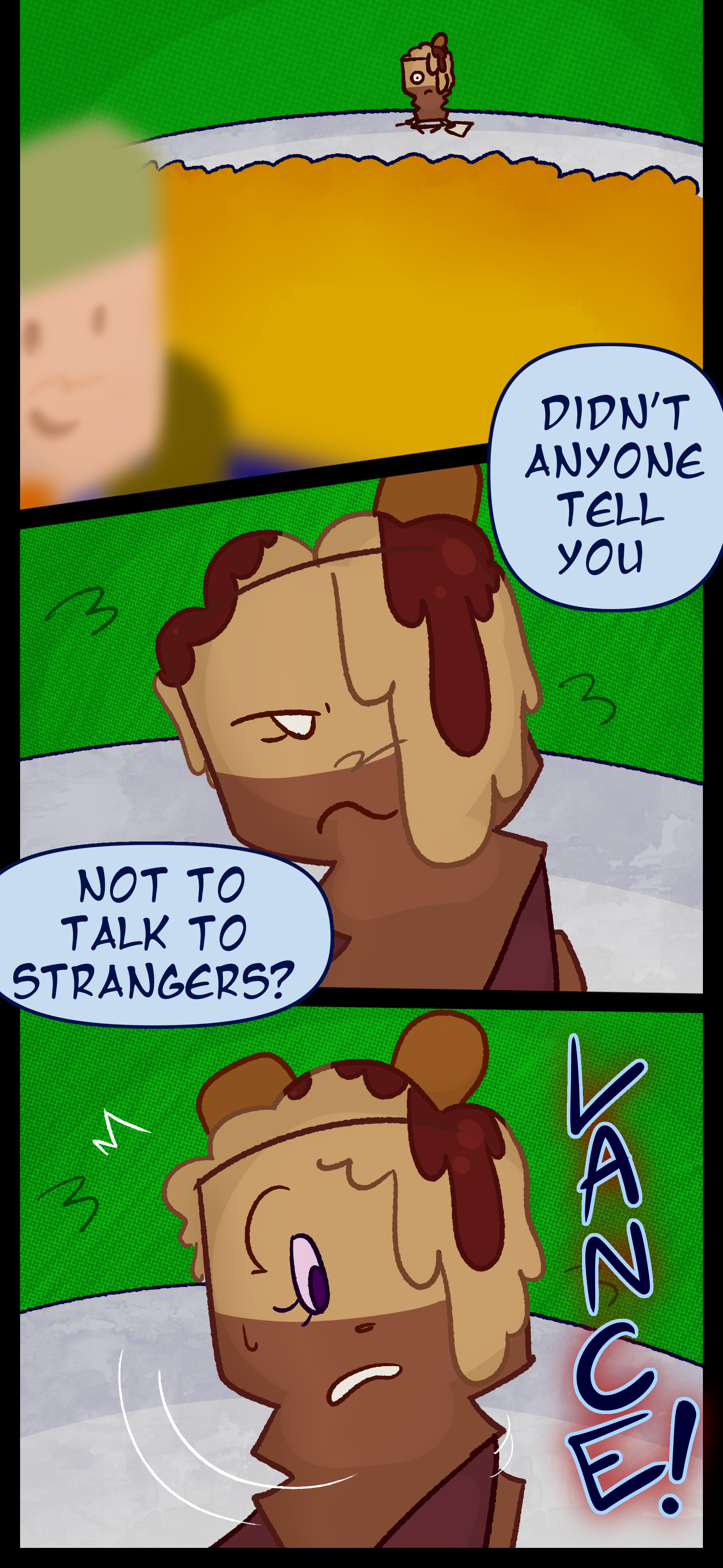 Avery looks at Lance playing and mutters "Didn't anyone ever tell you not to talk to strangers?" Avery is startled by someone yelling "Lance!"