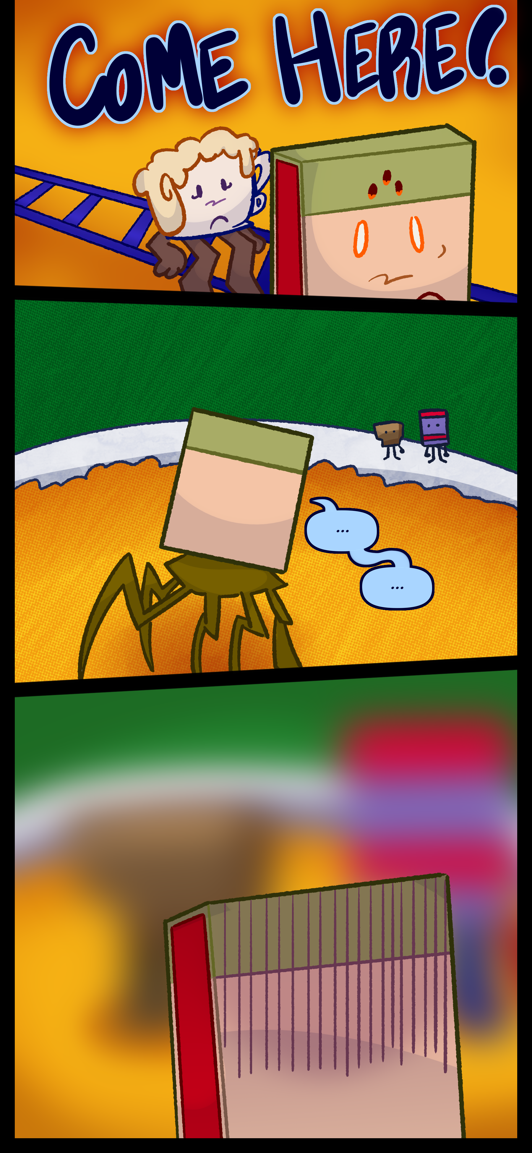 The voice continues "Come here!" Lance and Lora are both startled by the voice. Lance walks away shamefully from the playground and toward two objects, one red and blue and one brown.