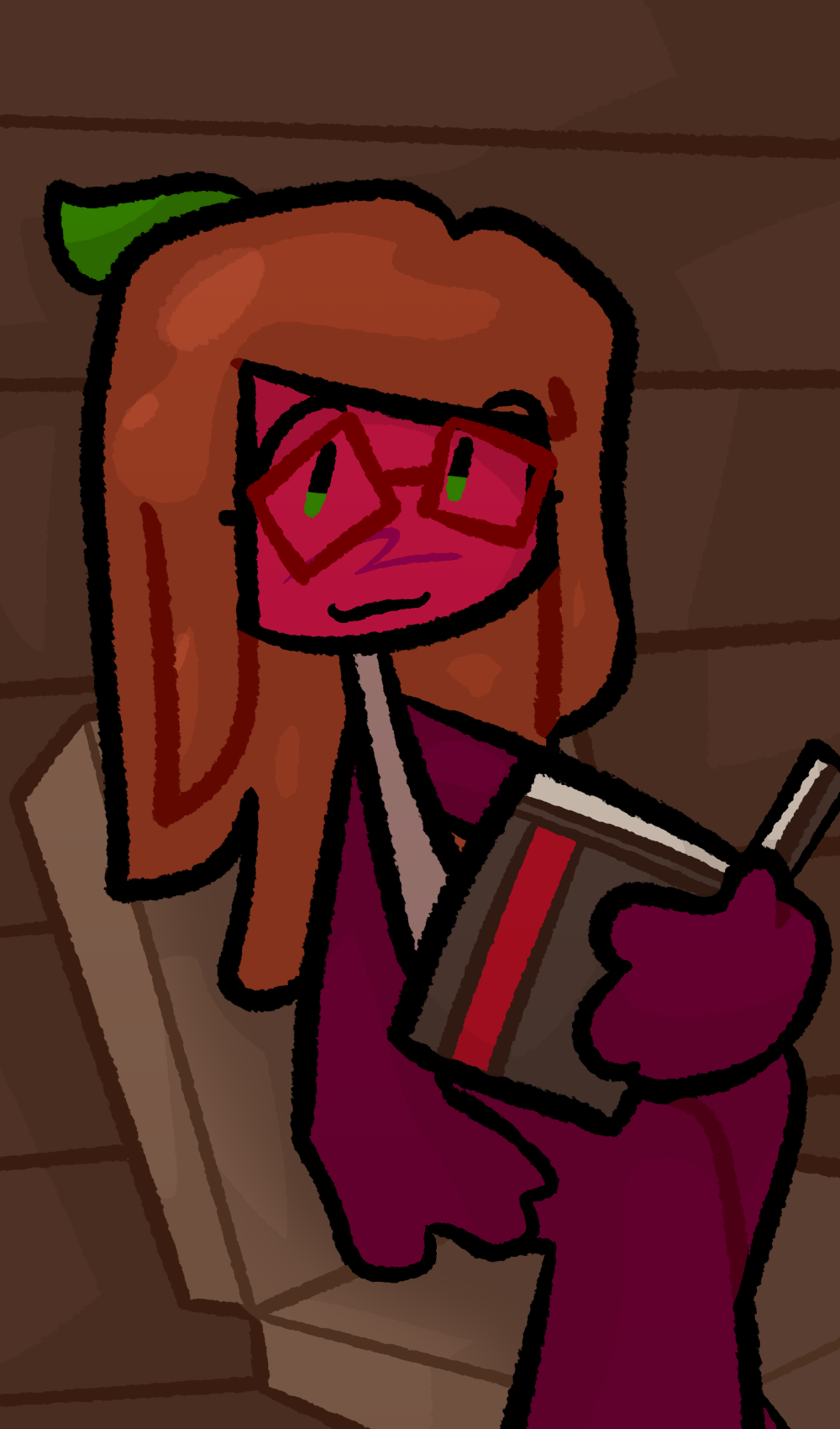 Caramel sits in a library, holding her journal, looking at the reader with a slight smile.