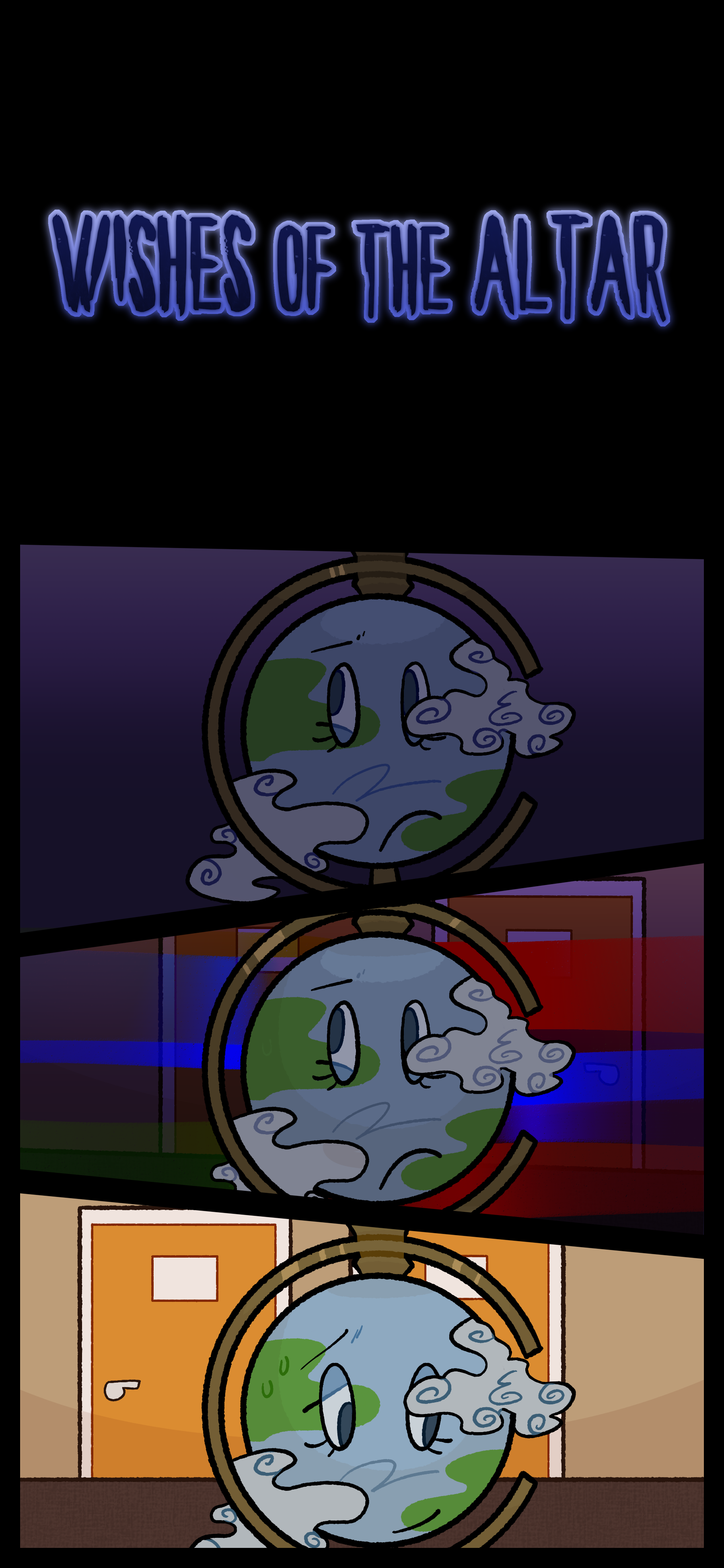 The Wishes of the Altar logo can be seen. A globe object with a worried expression is in a dark area. A warping effect of colors can be seen around them before they appear in an office building with a relieved expression