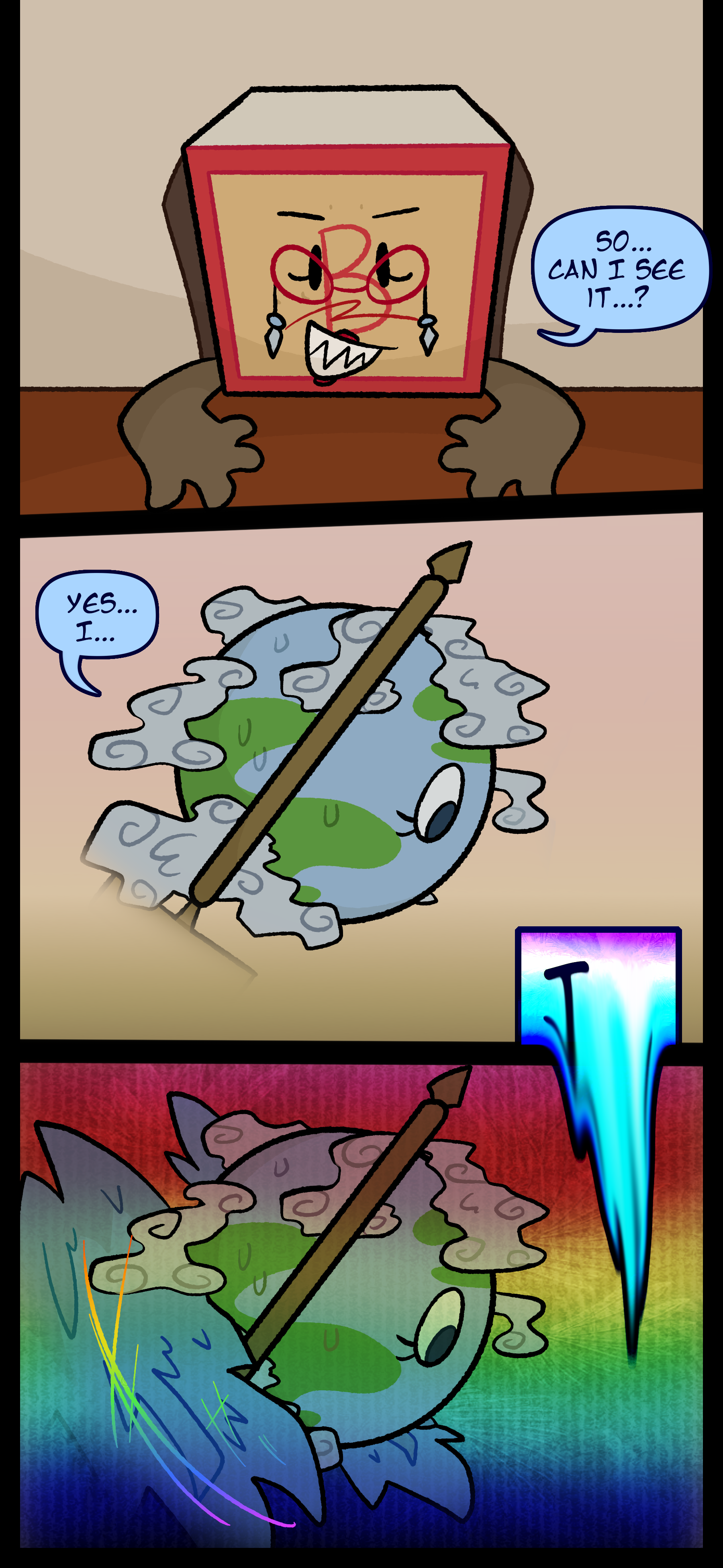 Madeline smiles and asks "So... Can I see it...?" Peridot looks blankly and responds "Yes... I... I..." Peridot's speech is heavily warped as she sprouts angelic wings and rainbow energy appears around her.