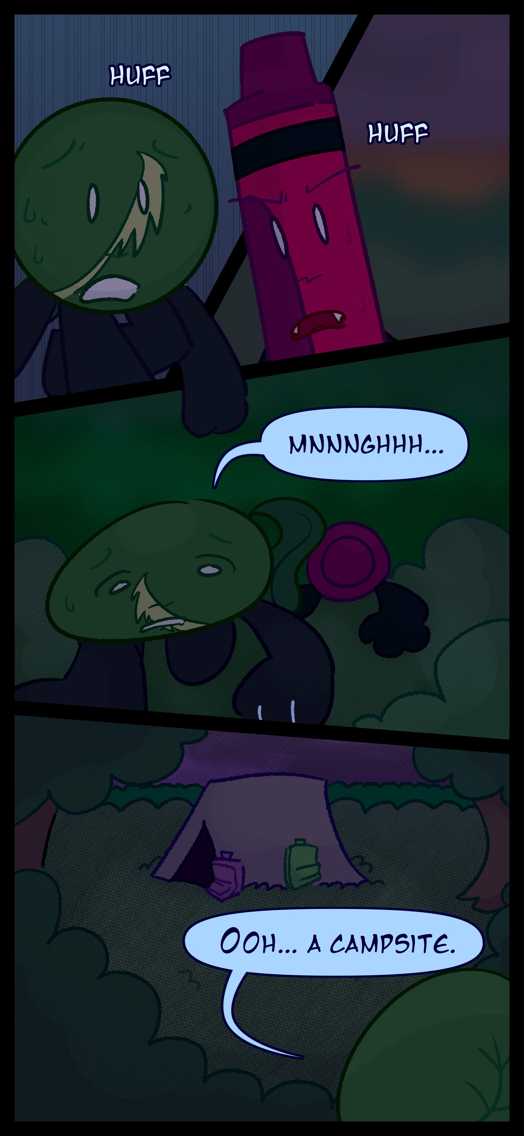 Monroe and Abraham breathe heavily while running. Monroe groans as they climb up a steep hill. When they make it to the top Monroe says "Ooh... a campsite. In front of them is an abandoned tent with two backpack against it.