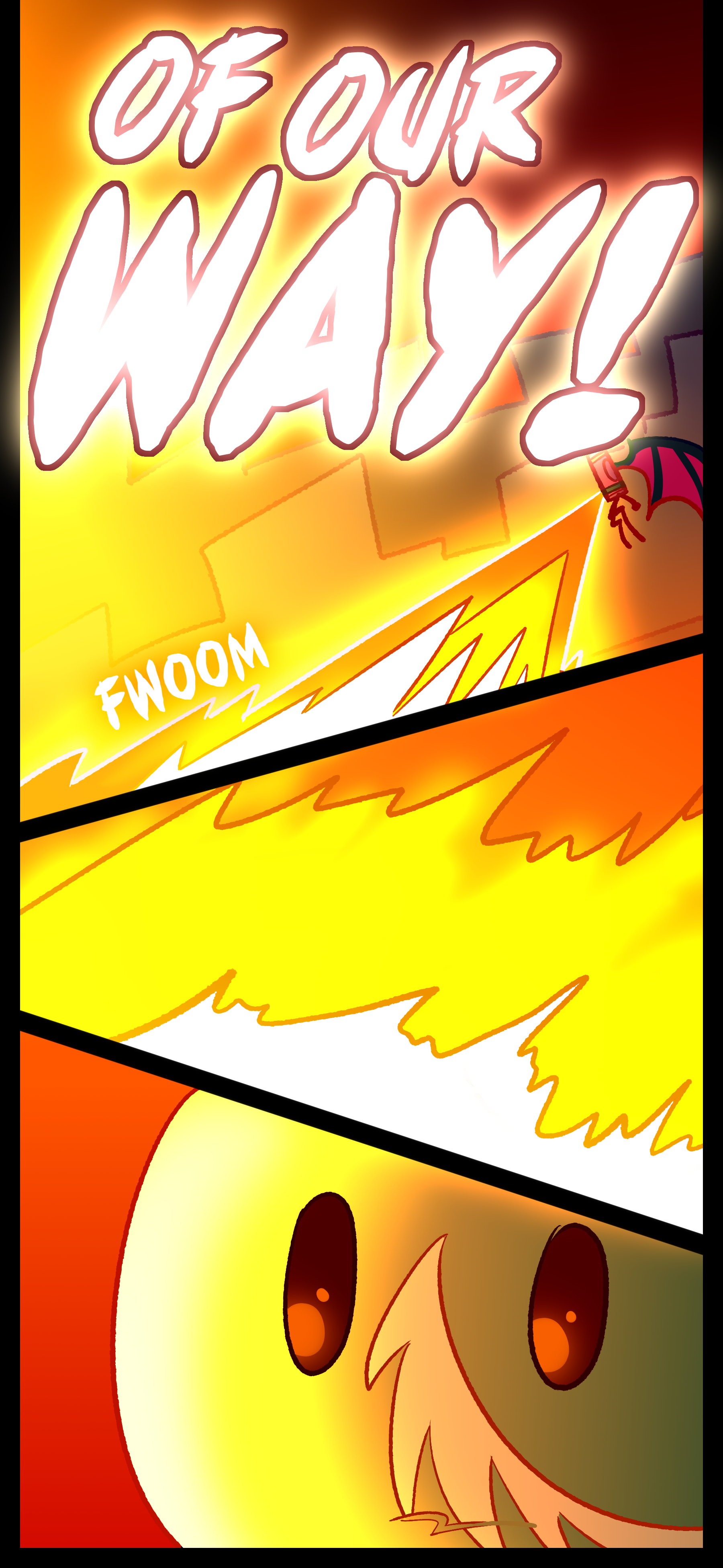 Abraham yells "GET OUT OF OUR WAY!" as he breathes fire on the landscape ahead. Monroe looks on.