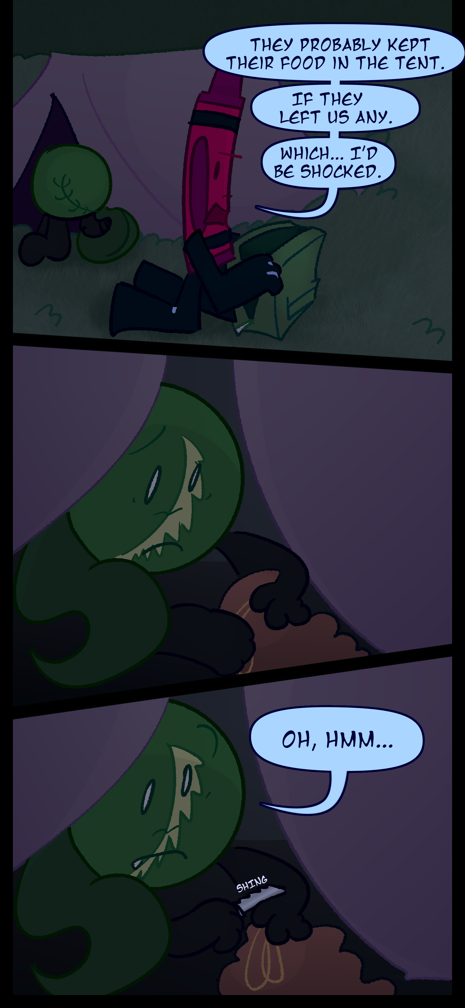 Abraham checks one of the backpacks and says "They probably kept their food in the tent. If they left us any. Which... I'd be shocked." Monroe checks the other bag and mutters "Oh hmm..." as he pulls a small knife from the backpack.