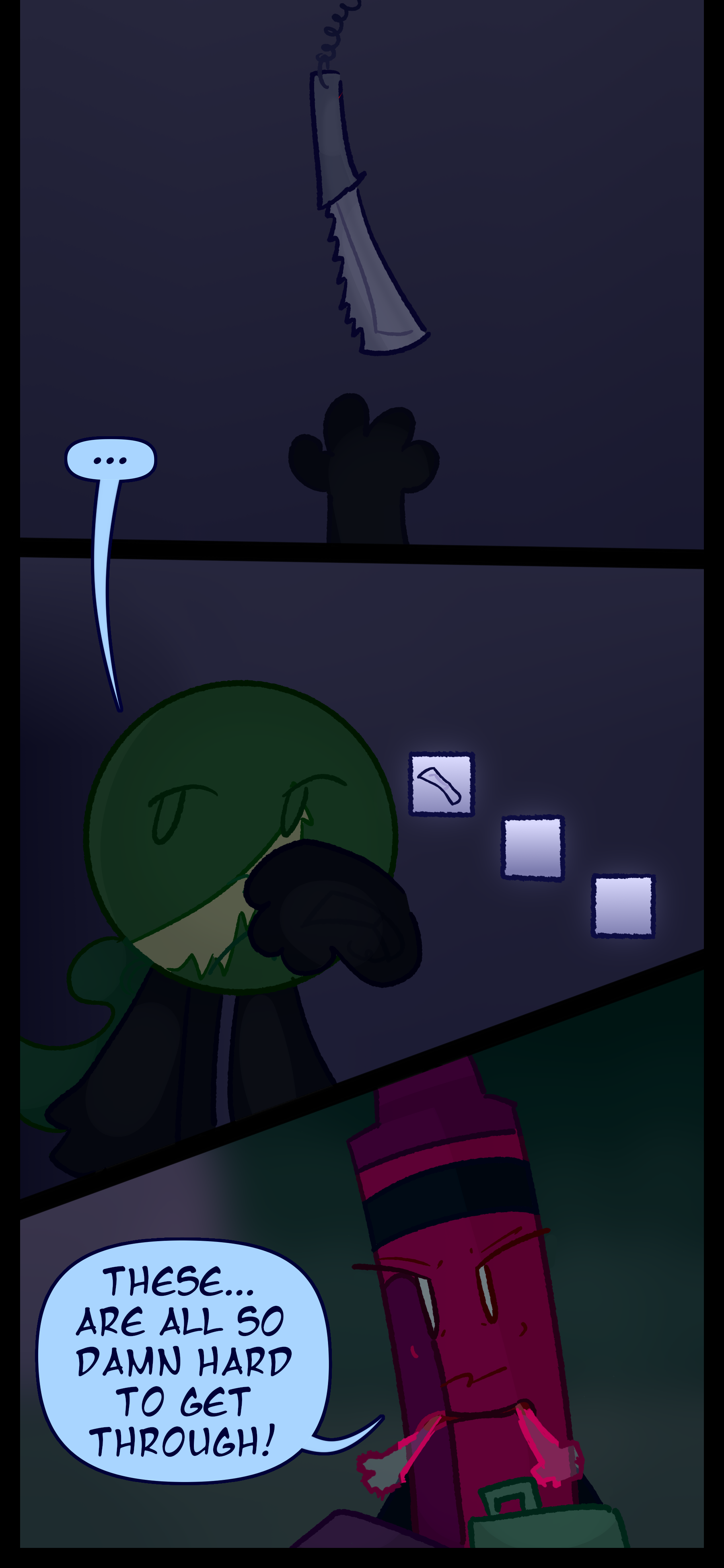 Monroe takes the knife and absorbs it into his arm. Meanwhile Abraham says "These are all so damn hard to get through!" as he struggles with his backpack and huffs hot air.