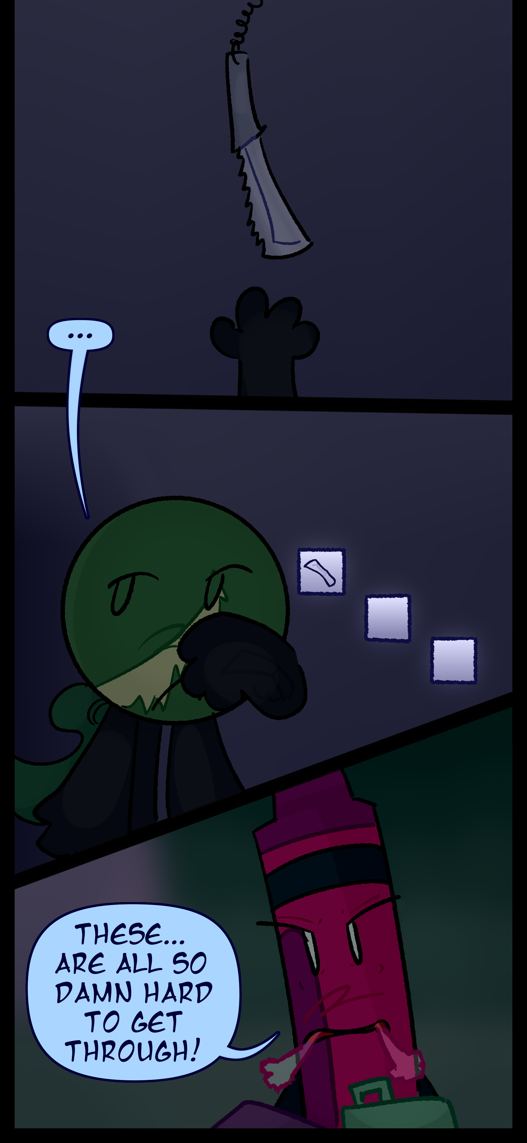 Monroe takes the knife and absorbs it into his arm. Meanwhile Abraham says "These are all so damn hard to get through!" as he struggles with his backpack and huffs hot air.