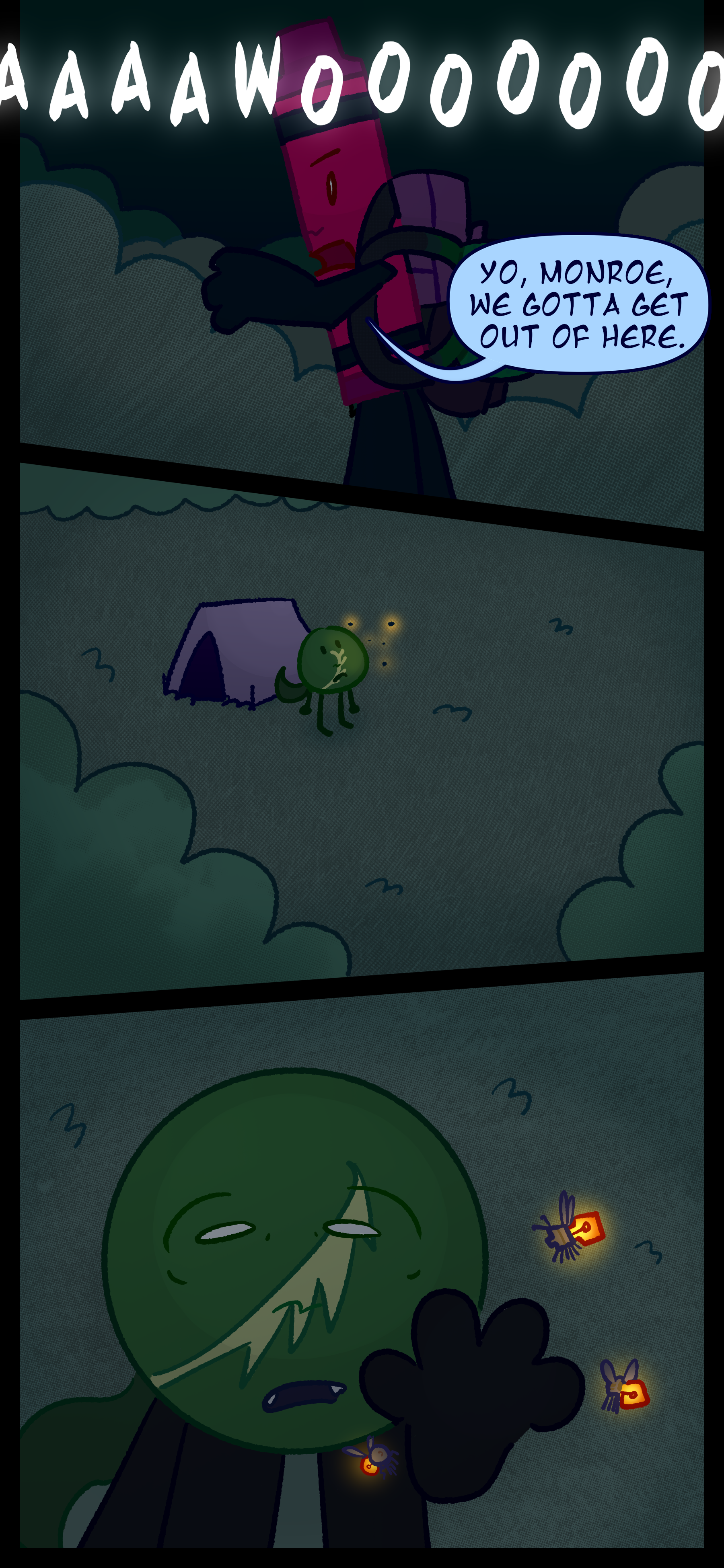 As wolves howl Abraham calls out "Yo Monroe we gotta get out of here." Monroe however is preoccupied staring at firefly-like feral objects.