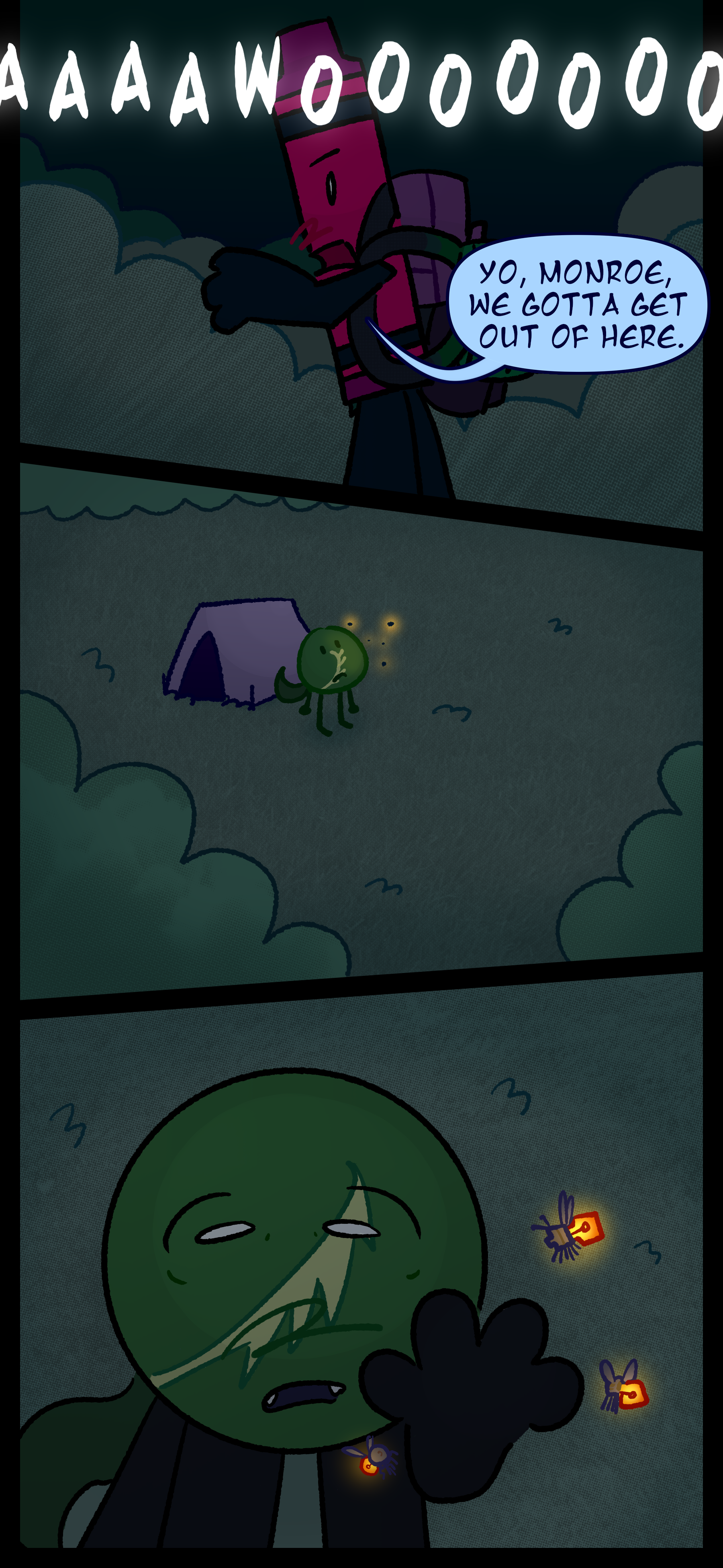 As wolves howl Abraham calls out "Yo Monroe we gotta get out of here." Monroe however is preoccupied staring at firefly-like feral objects.