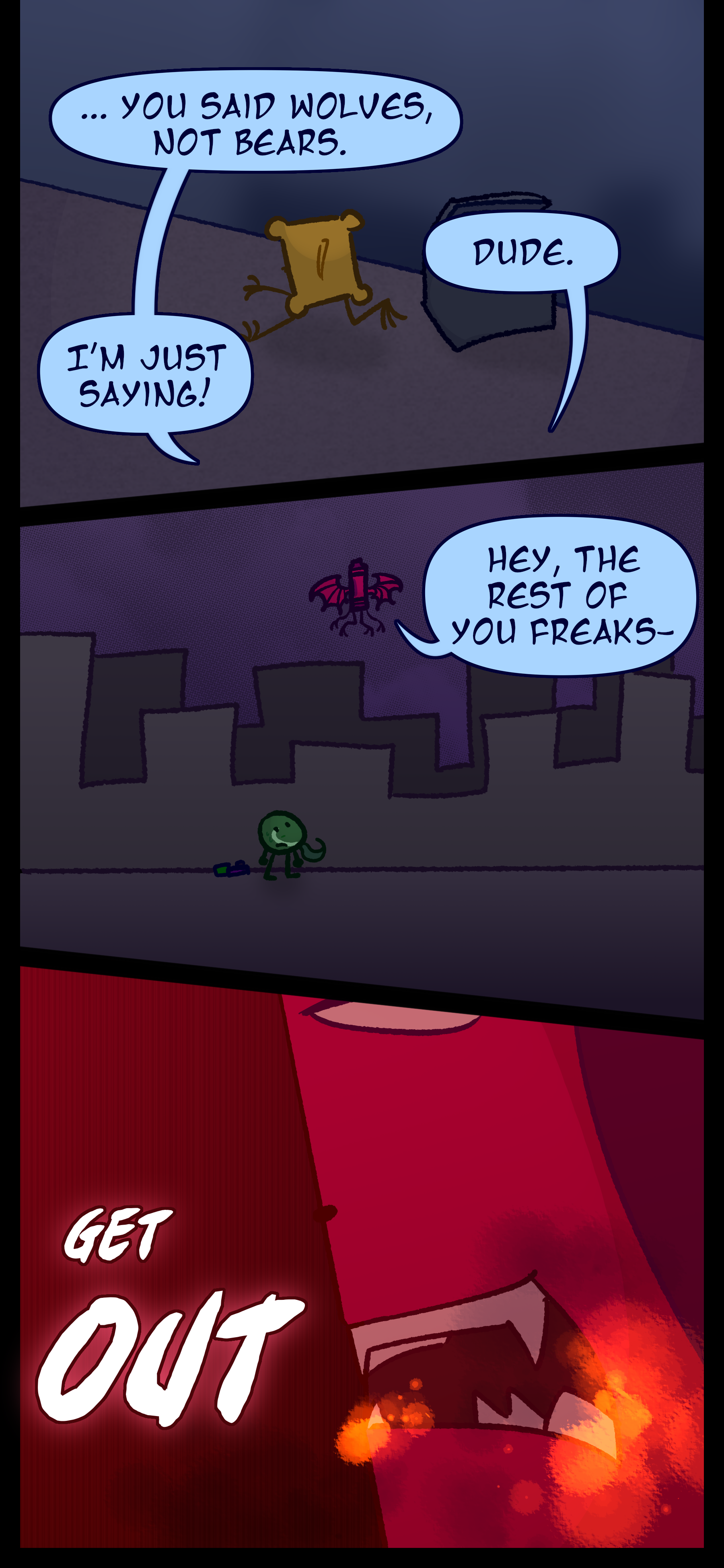 As the object flees Monroe says "You said wolves not bears" to which Abraham mutters "Dude." Monroe stammers "I'm just saying!" Abraham flies into the air with dragon wings and calls out "Hey the rest of you freaks!" Fire gathers at his mouth.