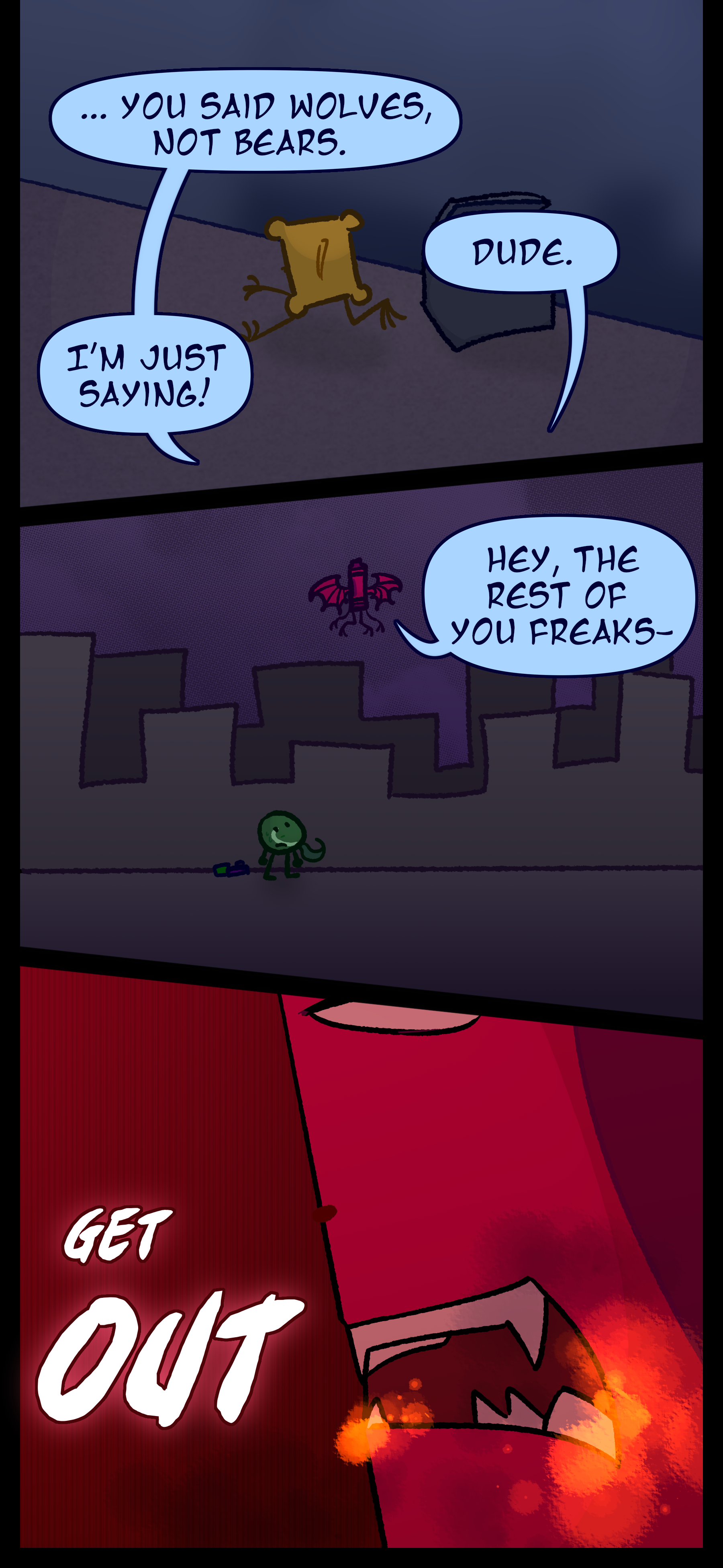 As the object flees Monroe says "You said wolves not bears" to which Abraham mutters "Dude." Monroe stammers "I'm just saying!" Abraham flies into the air with dragon wings and calls out "Hey the rest of you freaks!" Fire gathers at his mouth.