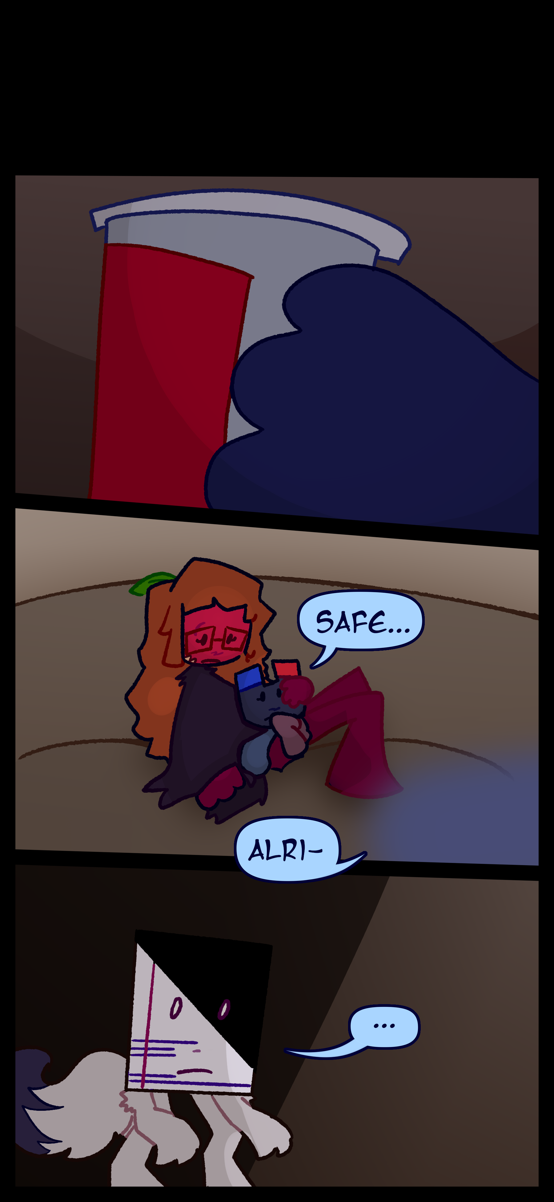 Later Montag grabs a cup. Esme holds Keiji as she murmurs "Safe..." Montag approaches and starts "Alright..." before cutting himself off when he sees a feral object.