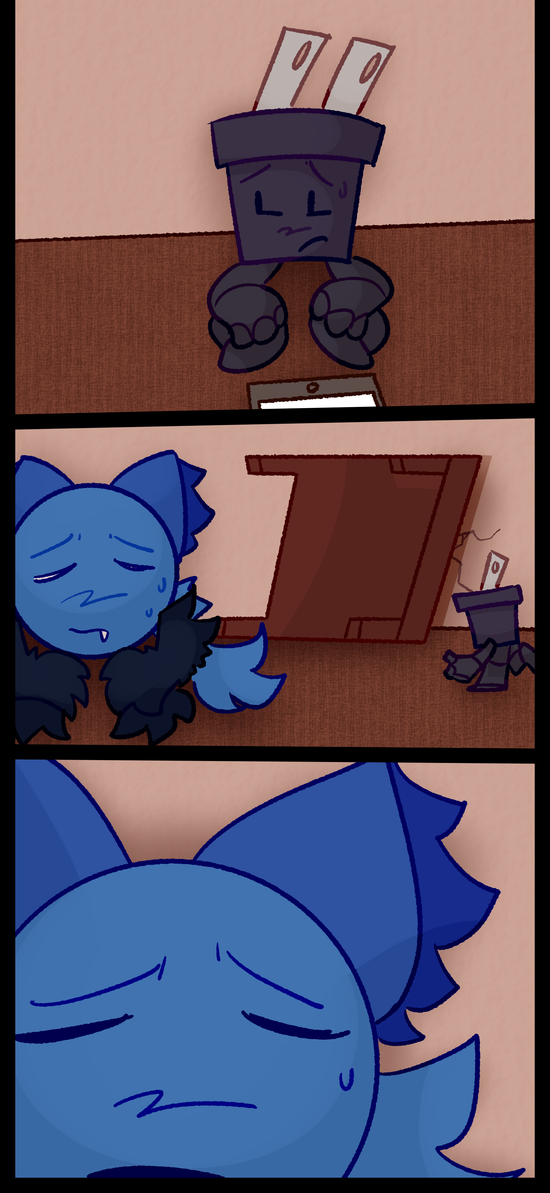 Pepper looks worried and says "Blaire?" They approach Blaire, who is next to their bed, which has been flipped in anger, and say "Honey. Listen." Blaire looks stressed.