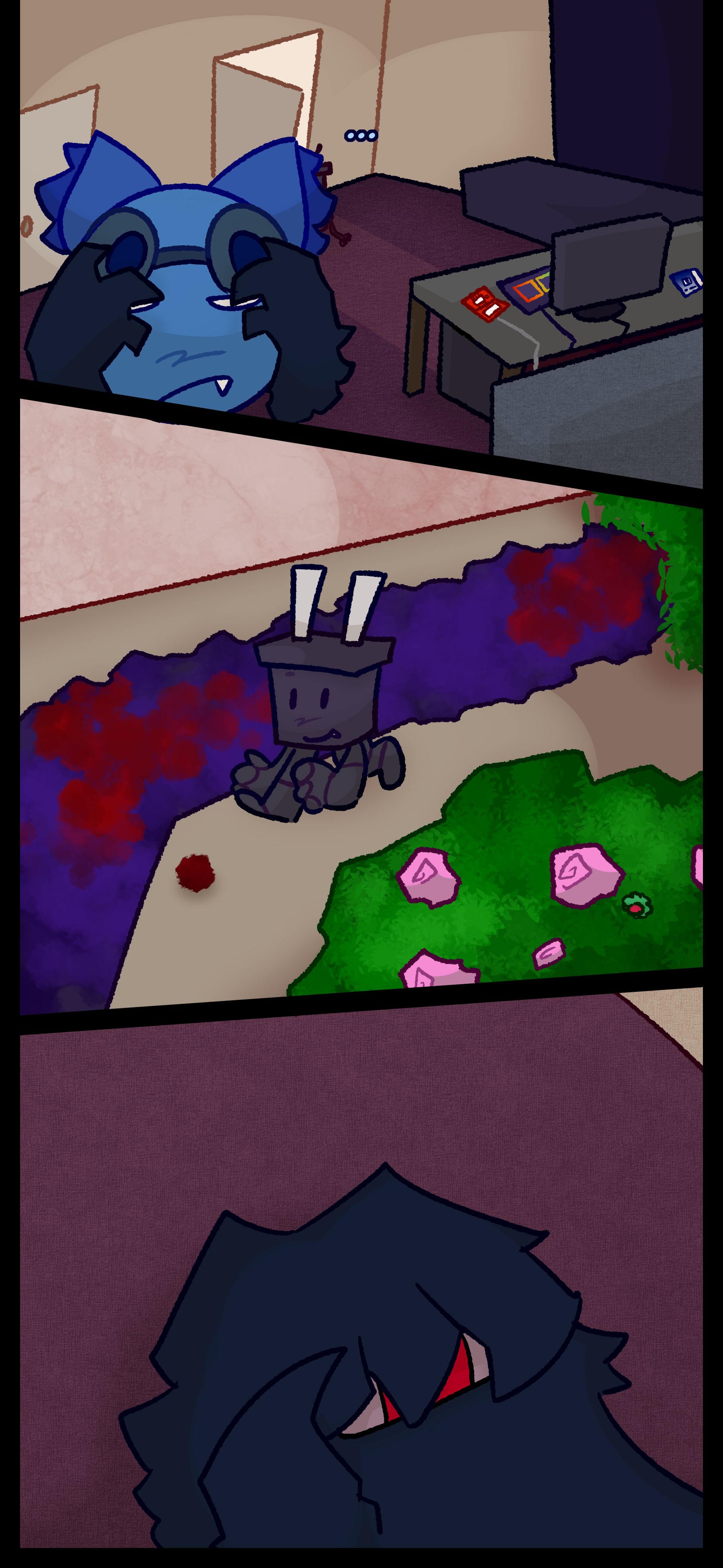 Pepper leaves the room Blaire is in. They walk outside past a garden of blue and red flowers. Blaire gets a water bottle.