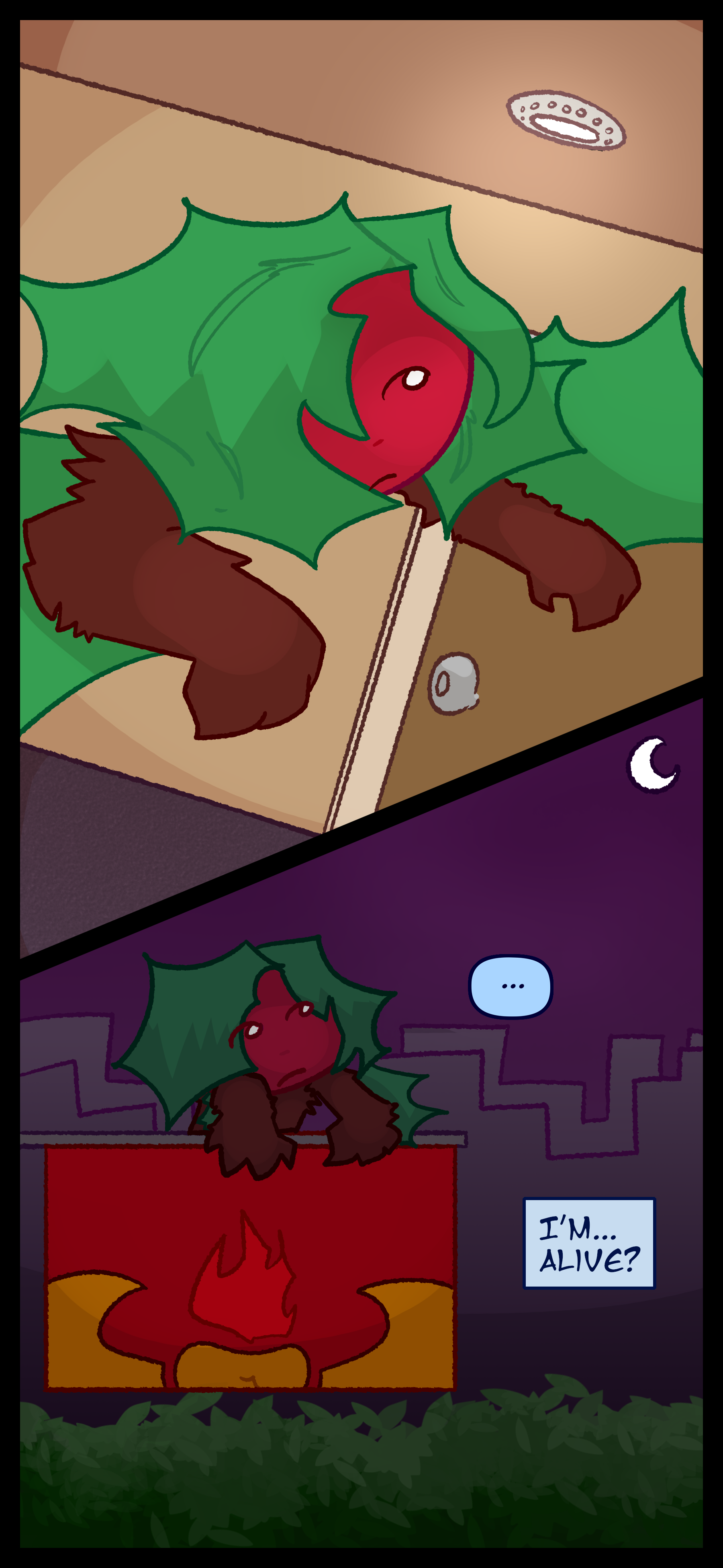 Kate flies through Sora Palace making it to the city and perching on a flagpost at night. She thinks to herself "I'm... alive?"