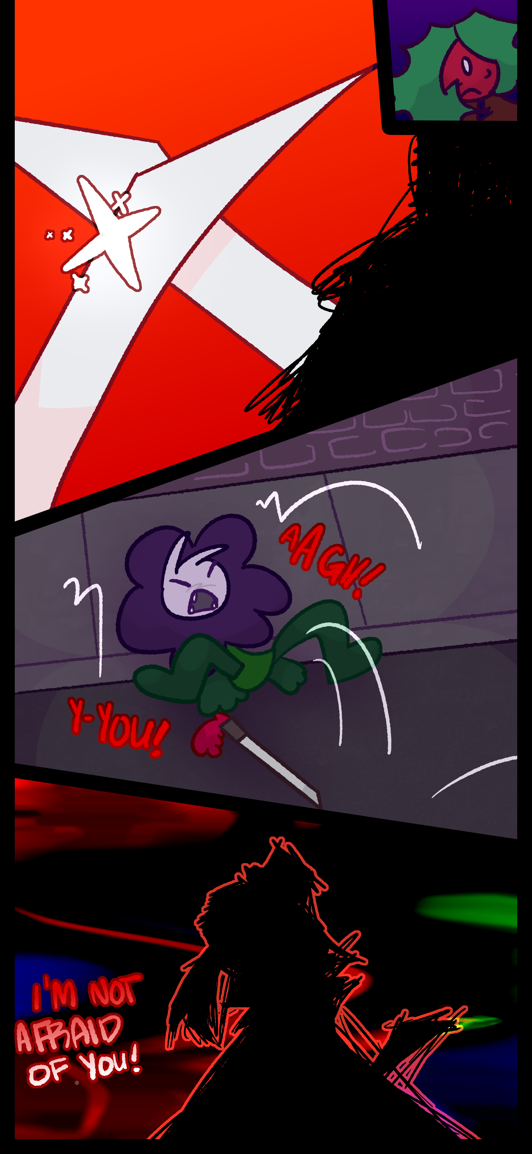 Kate watches as two swords clash against each other. Willa is pushed down to the ground and she exclaims "Agh! You! I'm not afraid of you!" The figure stands above her.