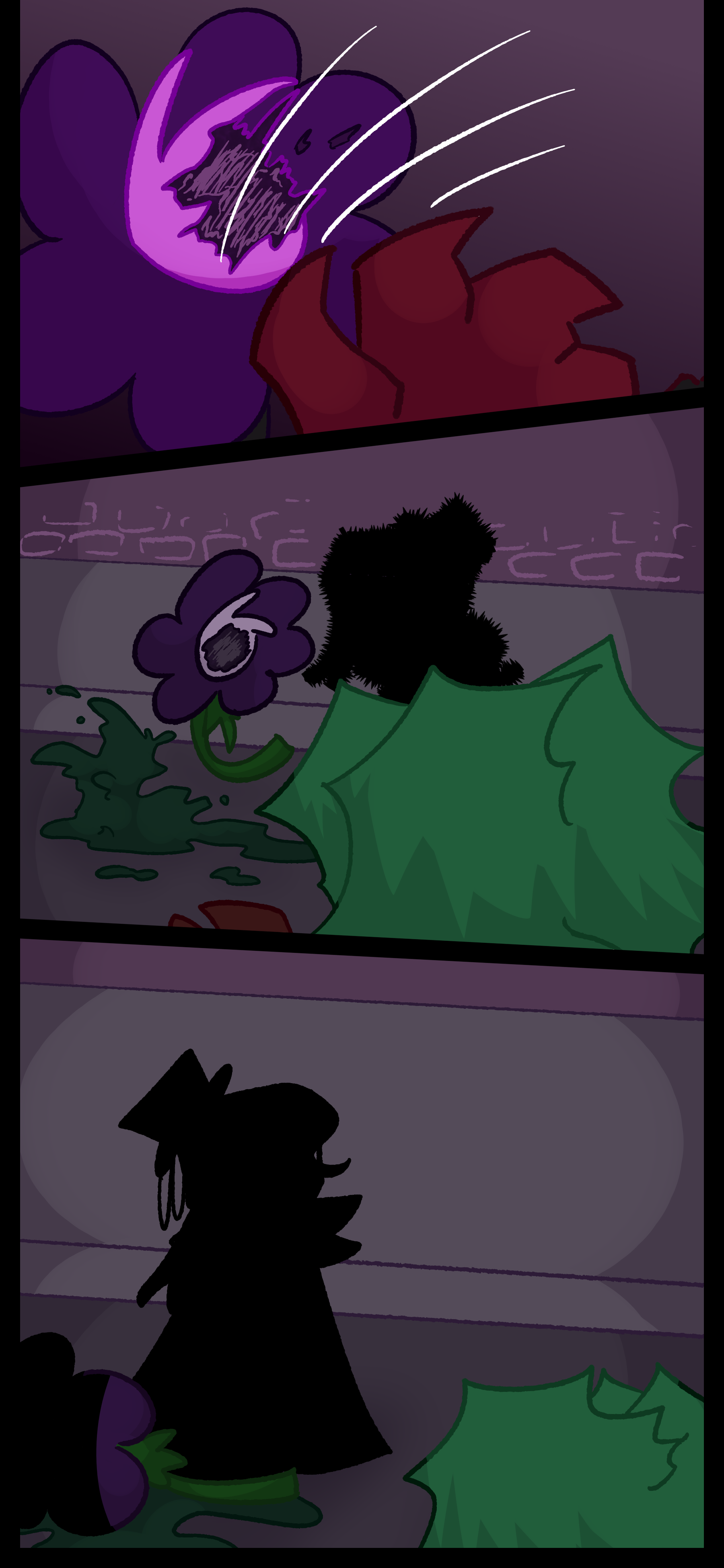 With one claw Kate slashes at Willa killing her. Her object falls to the floor and her limbs fall into a puddle. Kate breaths for a second before saying to the shrouded figure "You... I don't know why you're... whatever."