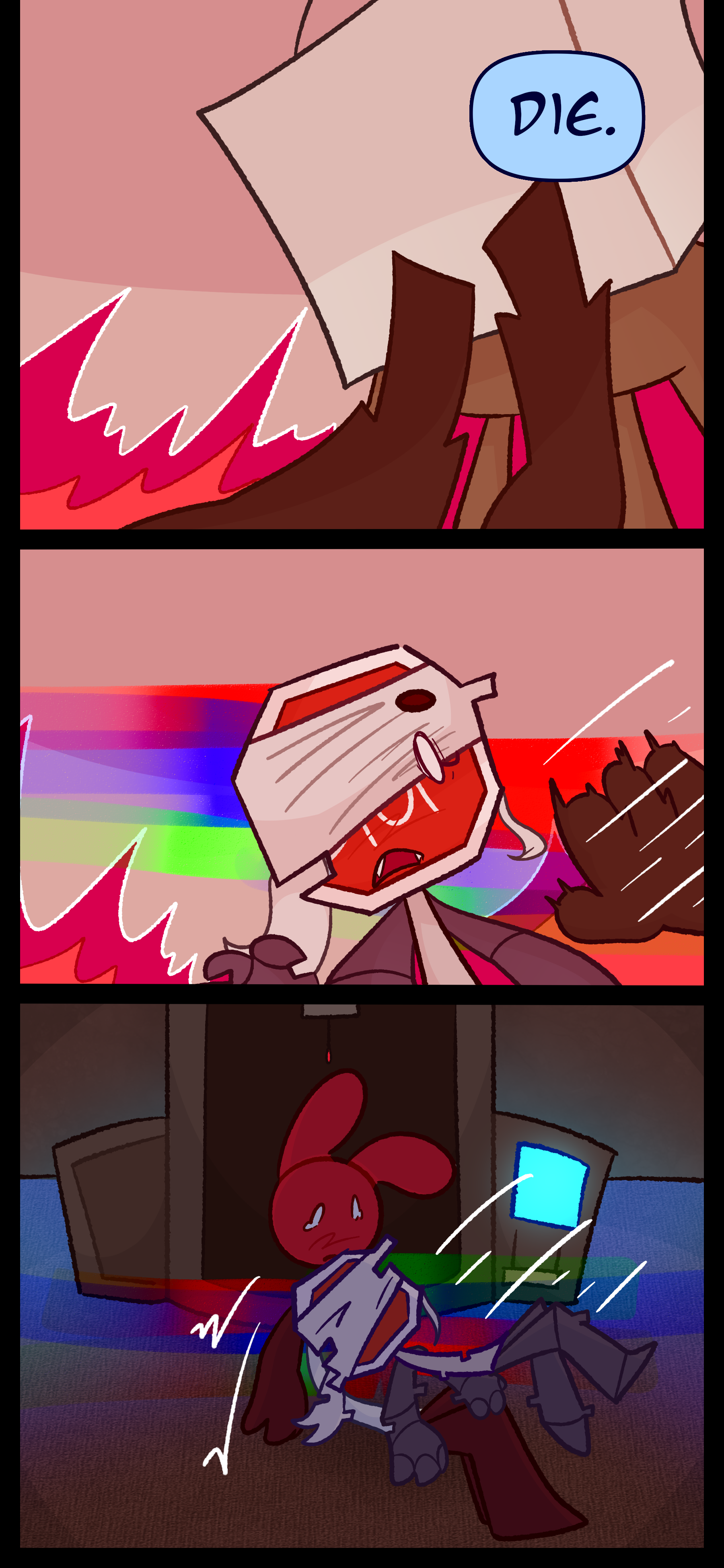 Madeline looks at Lyra and says "Die." As Madeline reaches for Lyra, she is suddenly warped away with angel energy. She is pulled towards Caine who is sitting in front of the respawning machine.