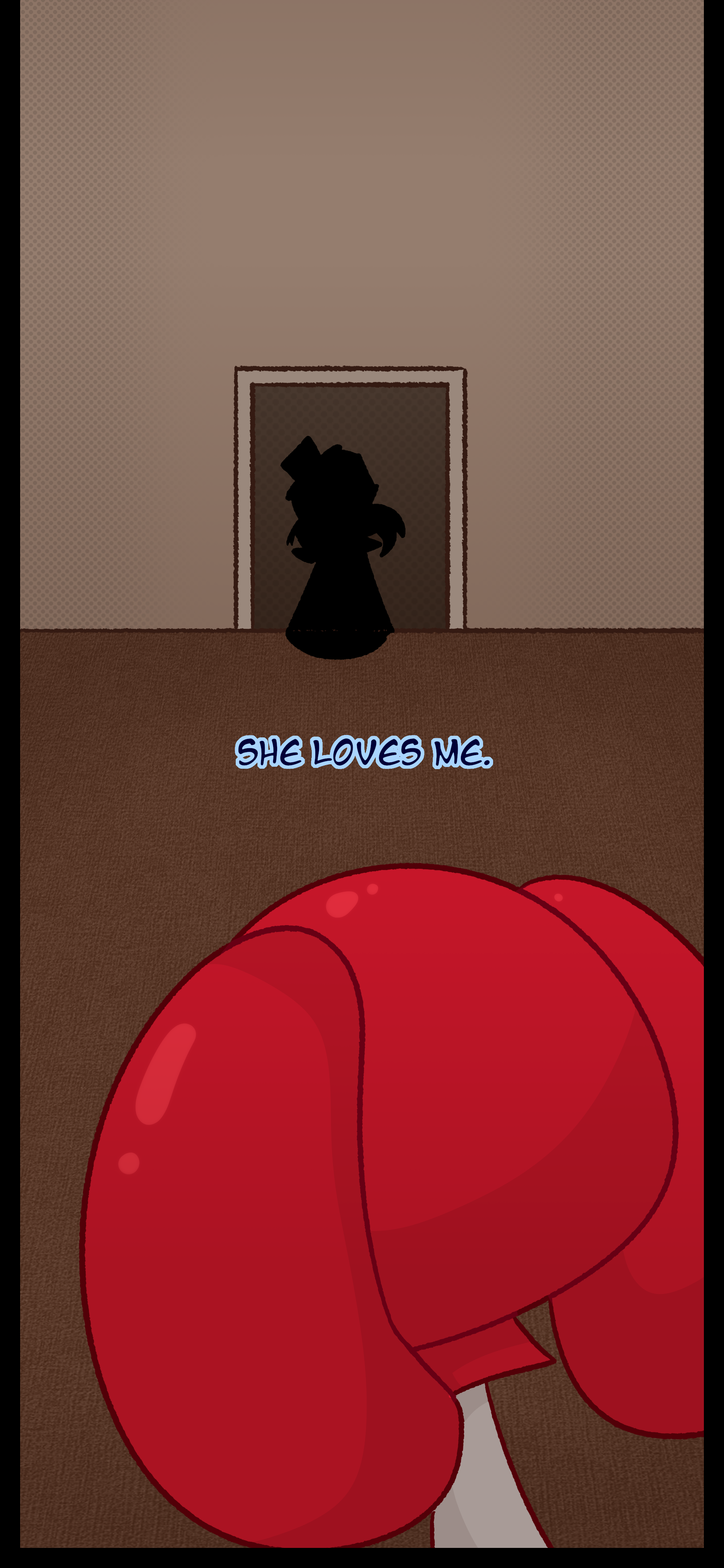 Caine mutters "She loves me" once more as Lyra now shrouded in darkness walks out of the room.