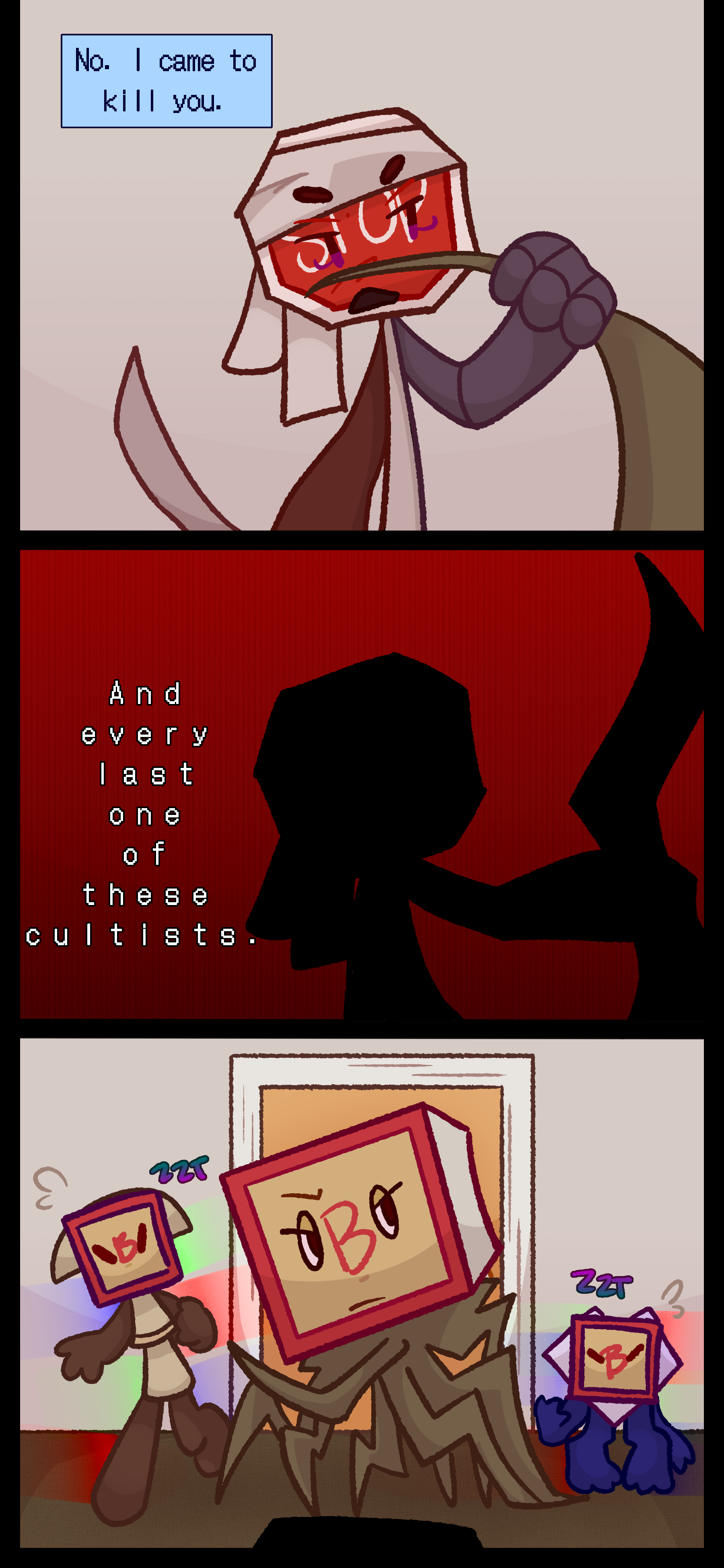 Lyra grabs Madelines leg and shoves it away as she says "No. I came to kill you. And every last one of these cultists." Madeline points a limb and two objects with masks of her face appear via angel energy.