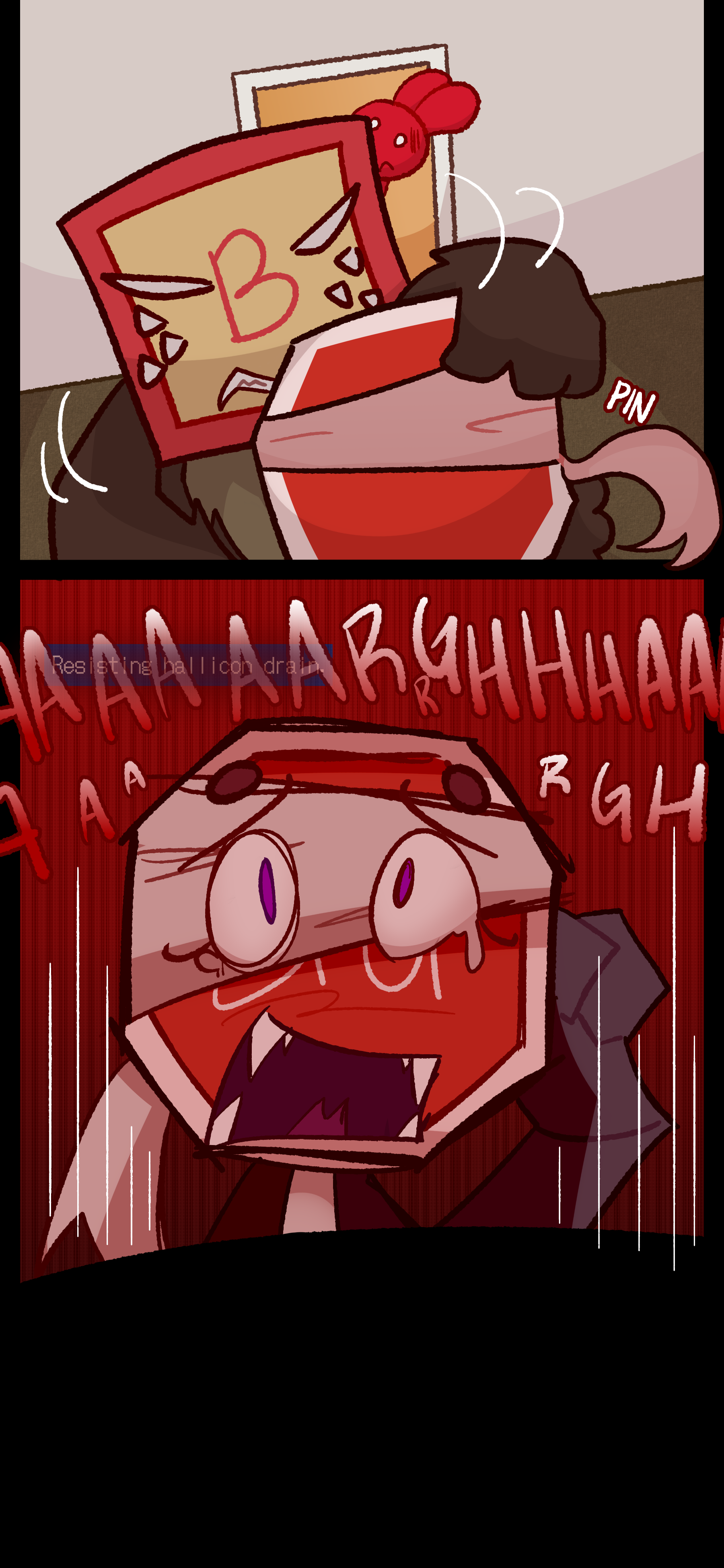 Madeline grabs Lyra and pins her to the wall. She screams. Her HUD reads 'Resisting hallicon drain'.