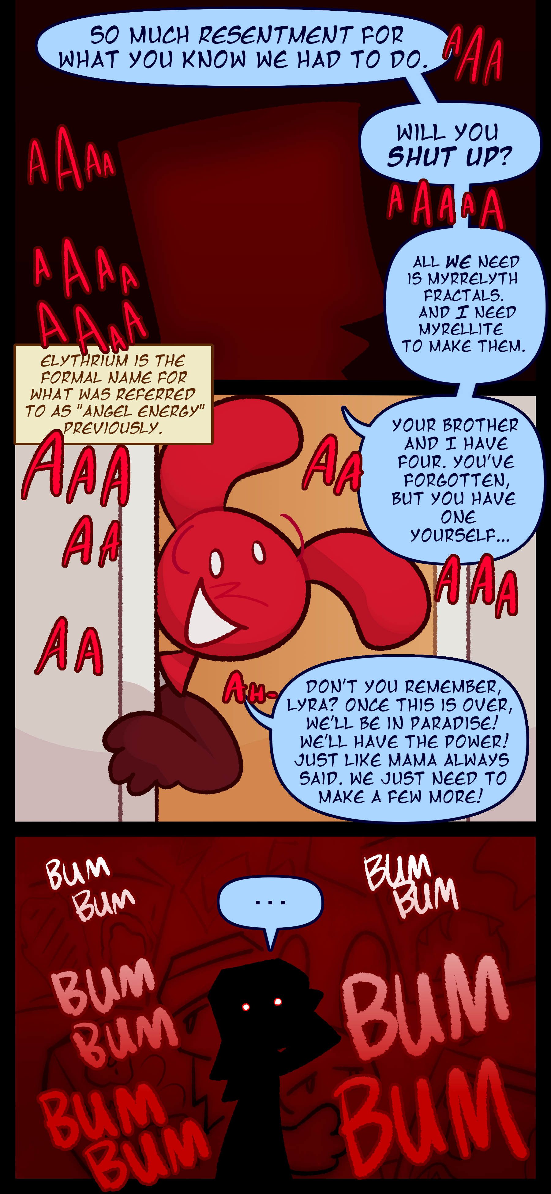 Amidst screaming Madeline says "So much resentment for what you know we had to do. Will you shut up? All we need is Myrellyth Fractals. And I need Myrellite to make them. Your brother and I have four. You've forgotten but you have one yourself..." Caine speaks up "Don't you remember Lyra? Once this is over we'll be in paradise! We'll have the power! Just like Mama always said. We just need to make a few more!" Lyra's heart beats loudly as she has an episode. An informational box tells the reader that Elythrium is the formal name for Angel Energy