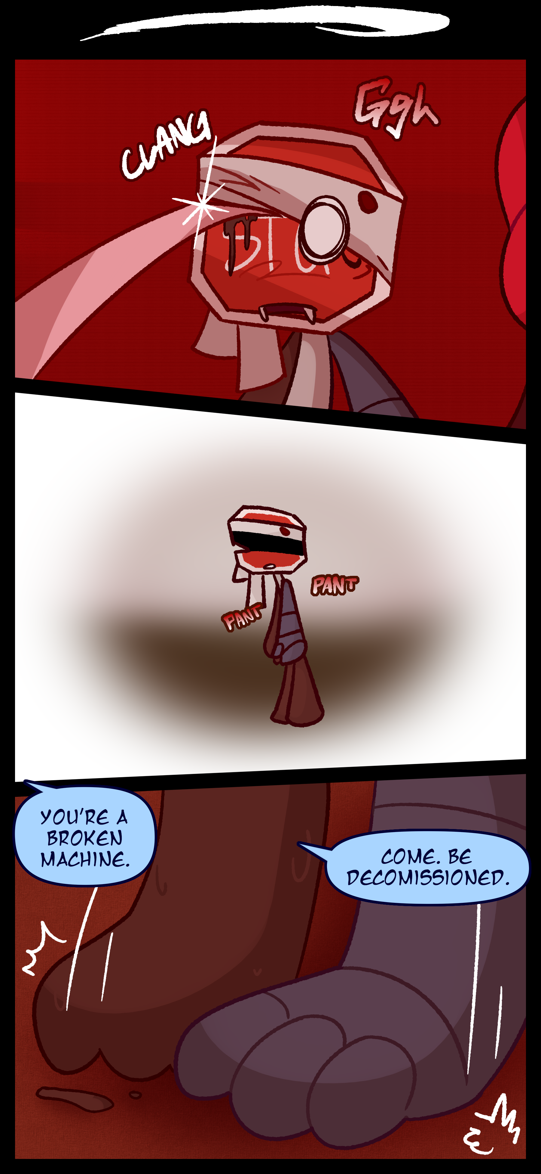 While Lyra is distracted Madeline slashes at Lyra's head. Lyra pants for a moment before falling to the ground. Madeline says "You're a broken machine. Come. Be decommissioned."