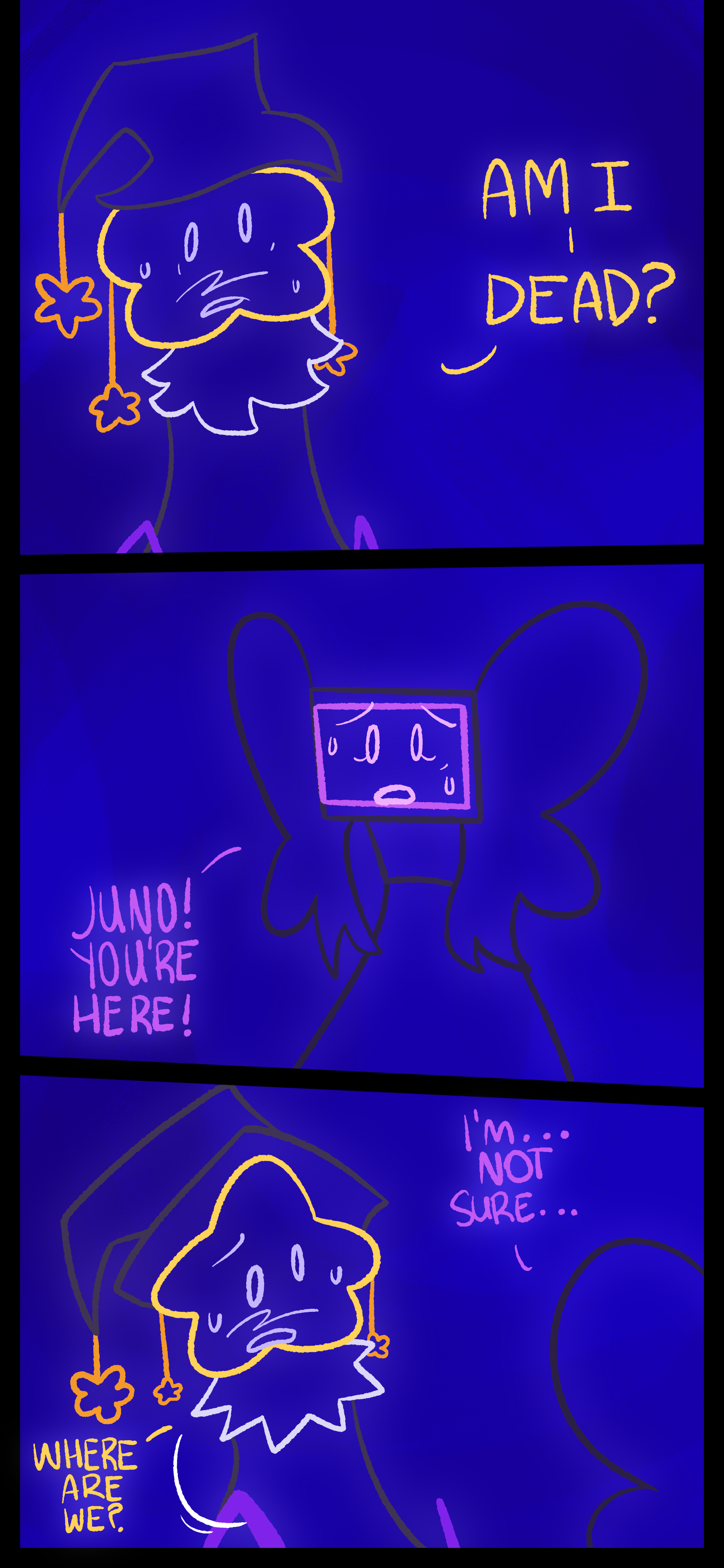 The outline of Juno asks "Am I dead?" Lydia responds "Juno! You're here!" Juno asks "Where are we?" to which Lydia responds "I'm... not sure."