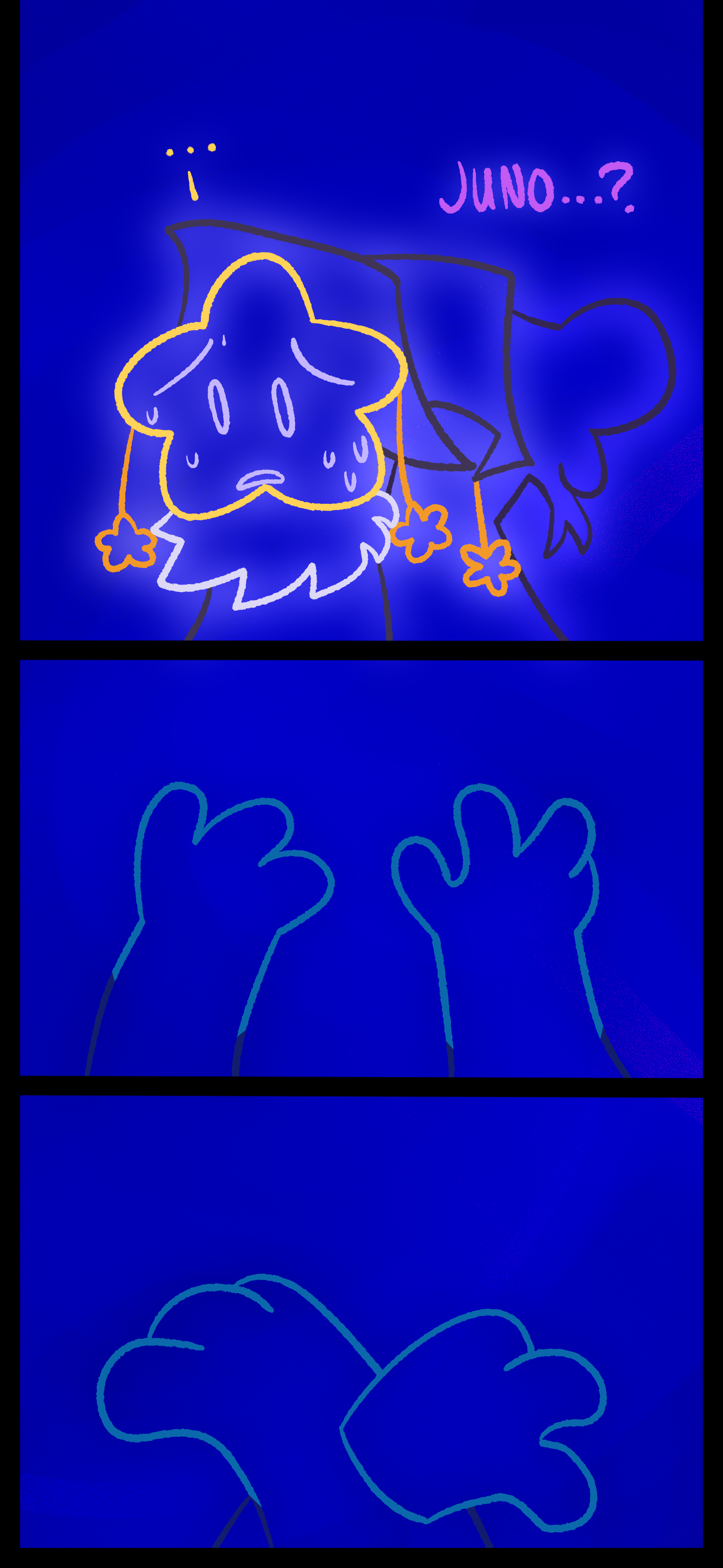 Juno is silent and Lydia asks "Juno?" Juno moves their hands around, and they move through each other.