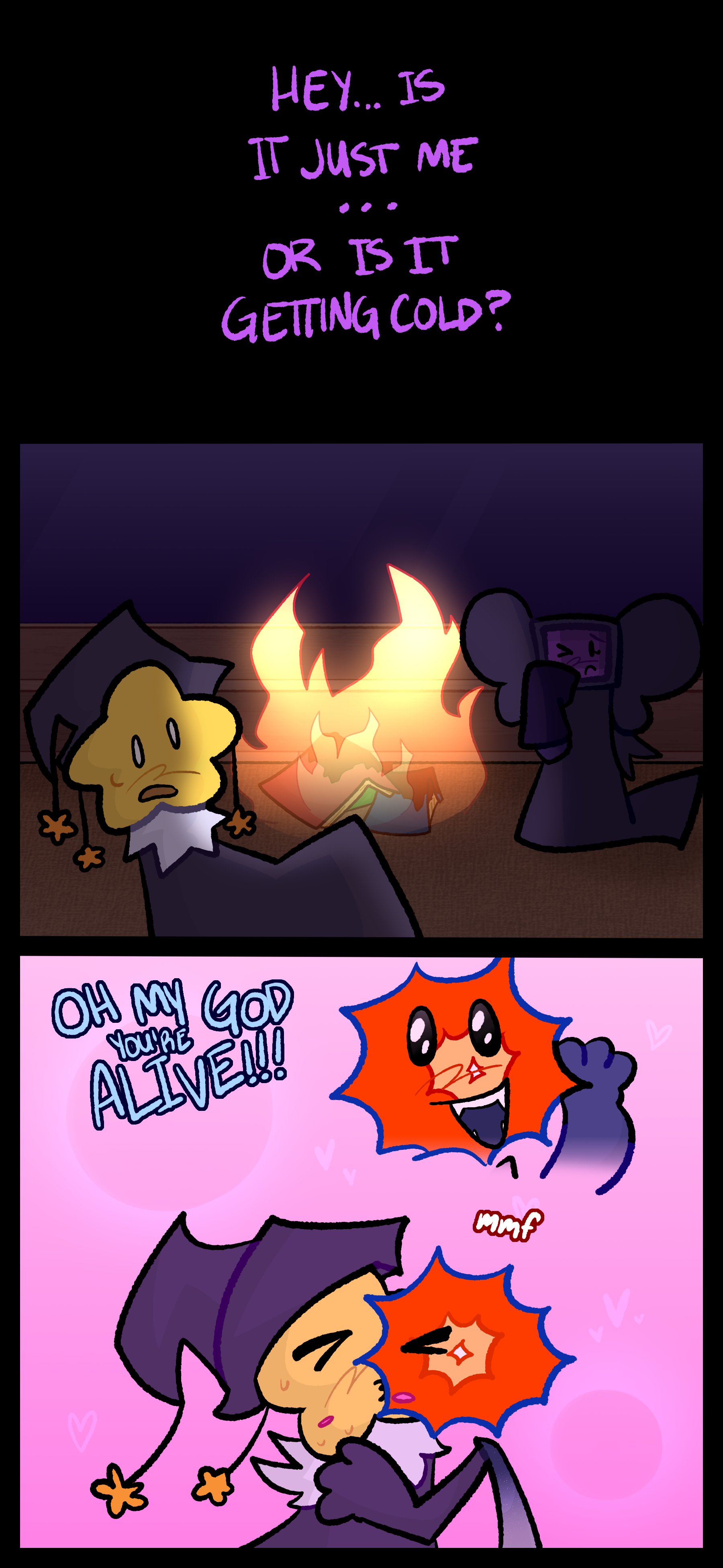 Lydia mutters "Hey... is it just me or is it getting cold?" Juno and Lydia wake up around a pile of burning books. Evan exclaims "Oh my god you're ALIVE!!!" and leans in to kiss Juno.