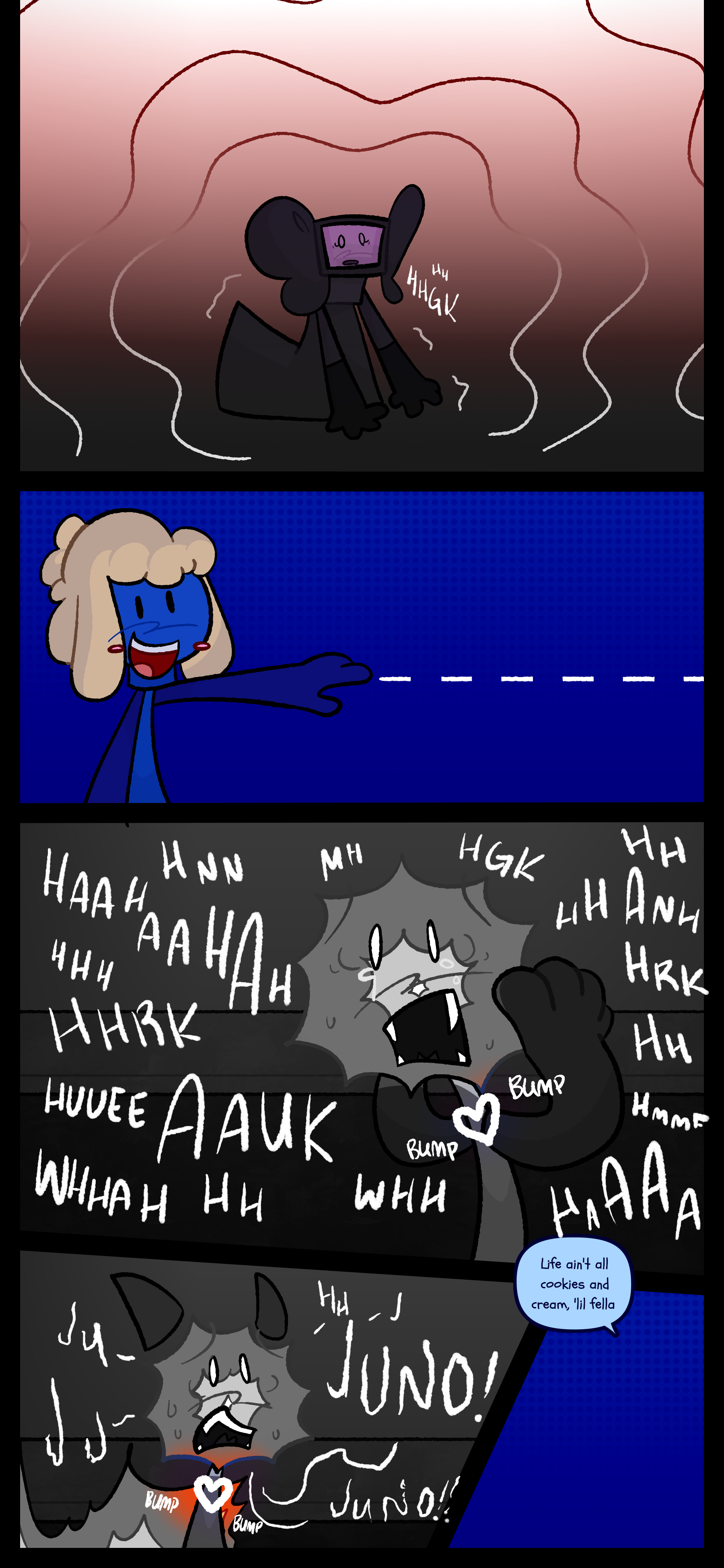 Lydia falls to the floor gasping for air. Mop is standing with a large smile having thrown the spear. Evan hyperventilates his heart beating rapidly as he yells "Juno! Juno!!" Mop still smiling says "Life ain't all cookies and cream little fella."