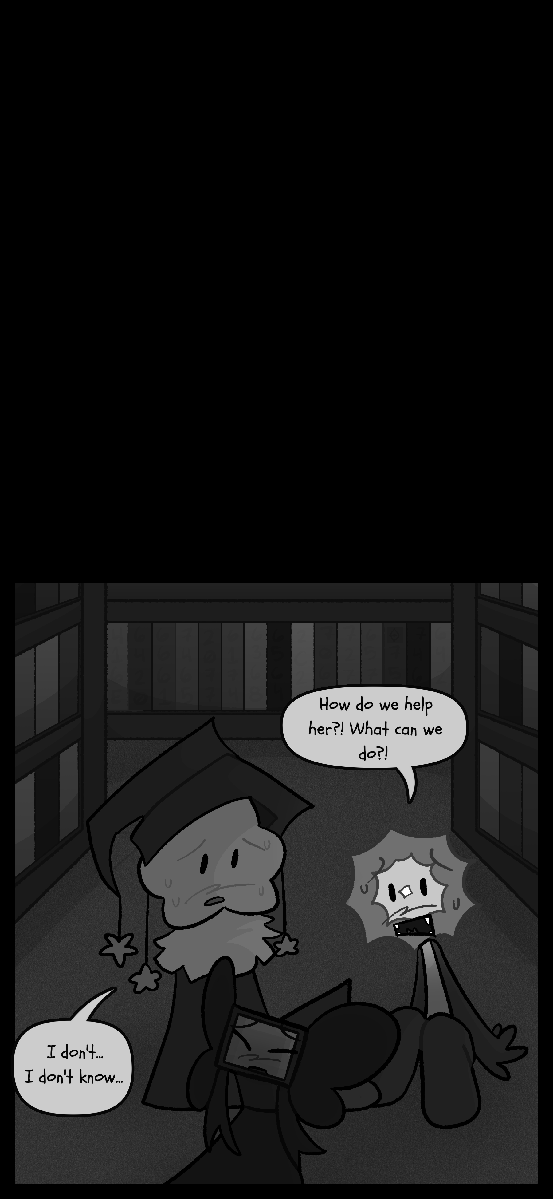 Cut to black. Evan and Juno are sitting around Lydia. Evan exclaims "How do we help her?!" to which Juno responds "I. Don't know."