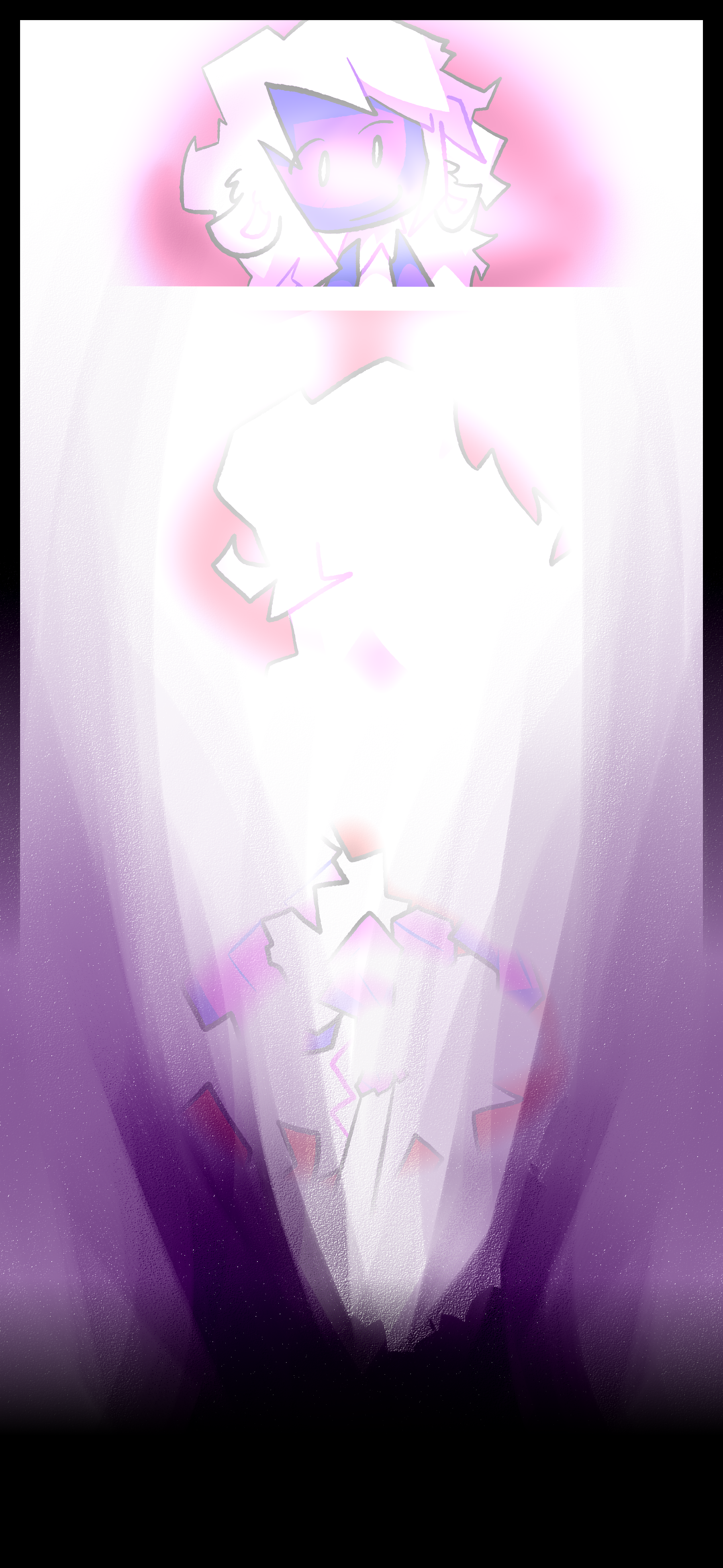 A deer therian lollipop object faces the viewer, then looks away. Her face can be seen, shattered. Darkness rises from the ground.