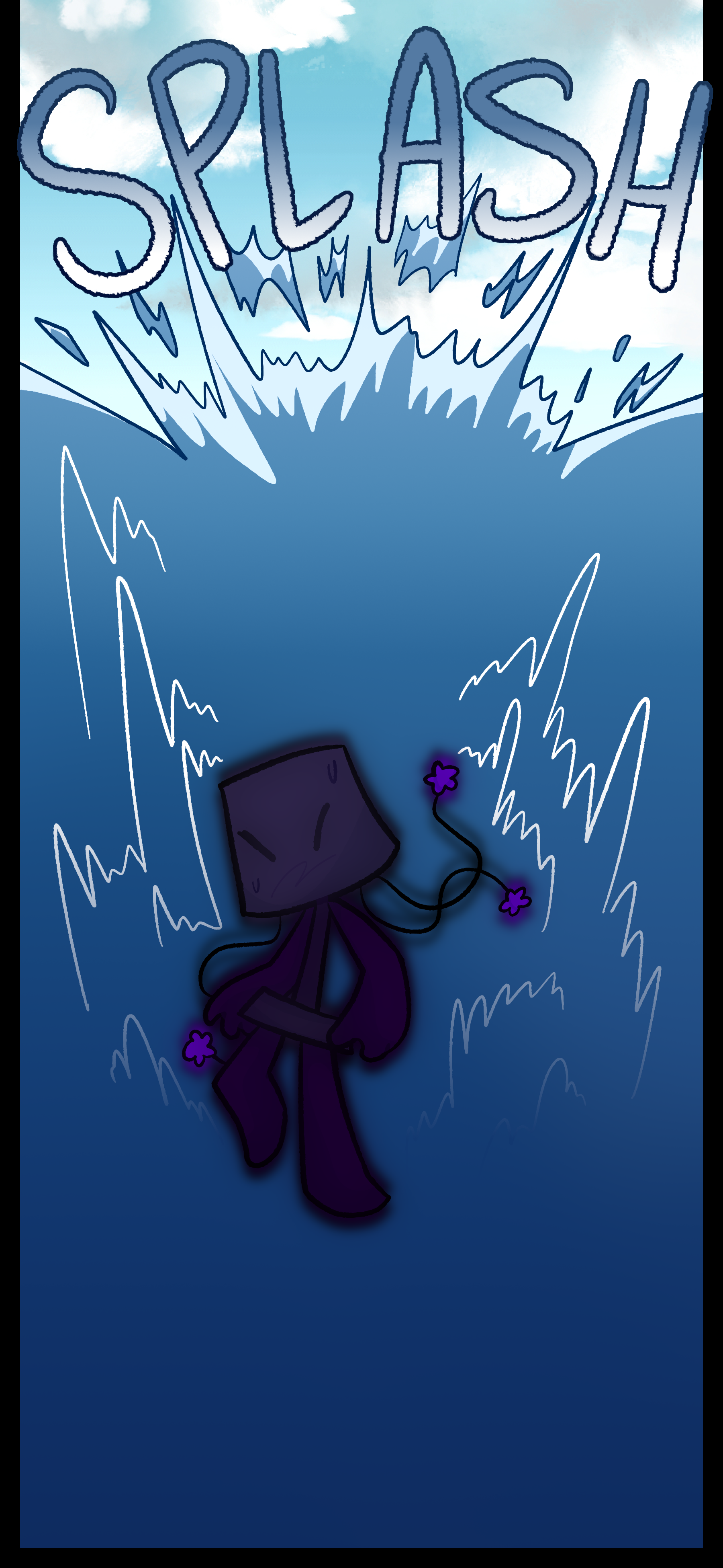 A small black lamp object splashes into water.