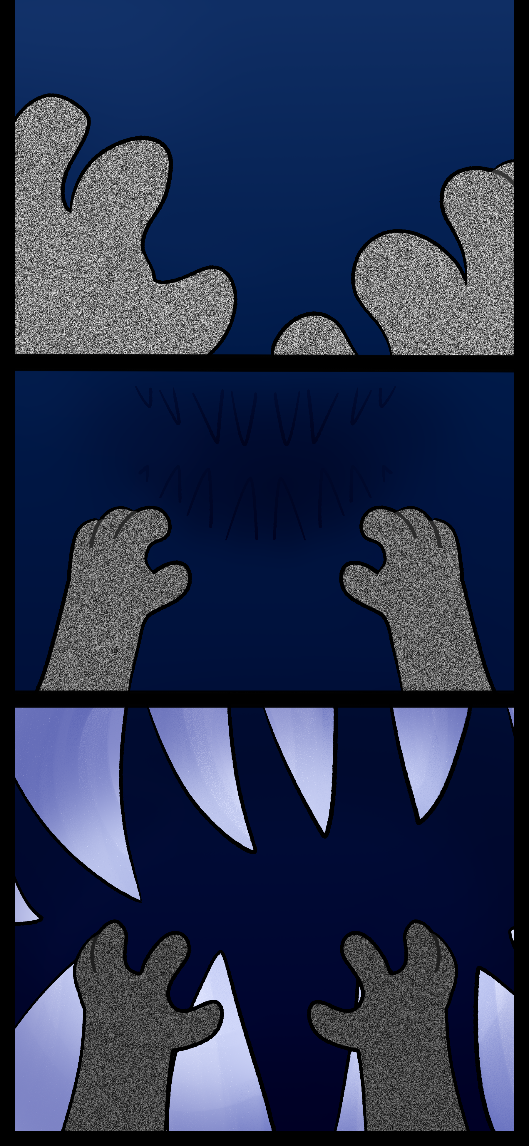 As the lamp object sinks it can only see its hands which are made of static. The water gets darker and darker as a set of sharp teeth emerge from the abyss to attack it.