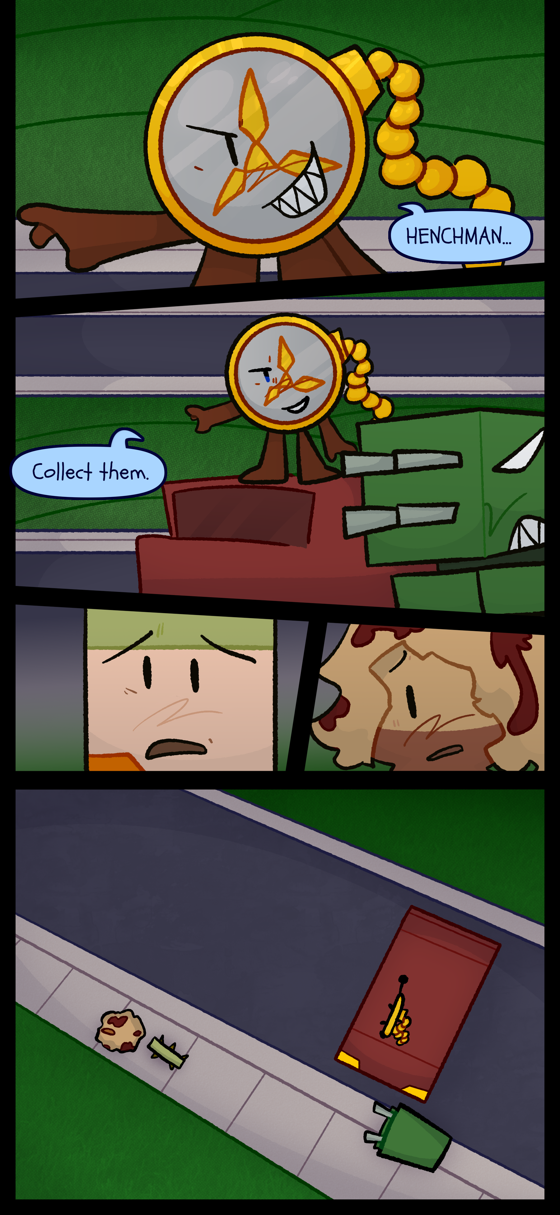 The stopwatch points towards the two protagonists and says "Henchman, collect them." An object of a green offense turret stares in anger at Lance and Avery who look afraid.