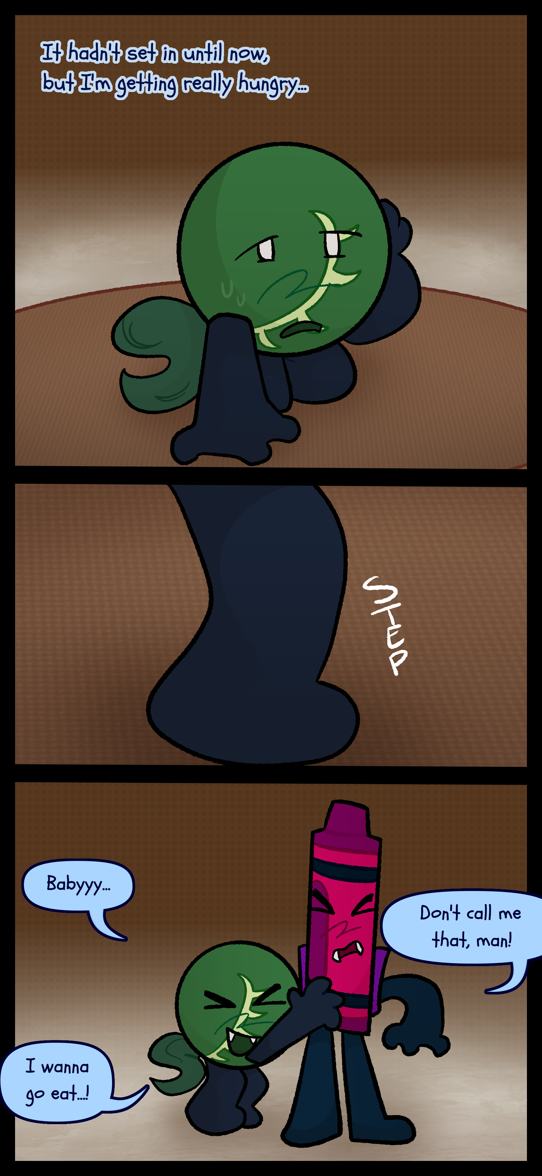 Monroe is on the ground sweating and weak. He thinks to himself "It hadn't set in until now but I'm getting really hungry." He walks over to Abraham and tugs at him. He pleads "Baby..." Abraham says "Don't call me that man!" Monroe continues "I wanna go eat!"