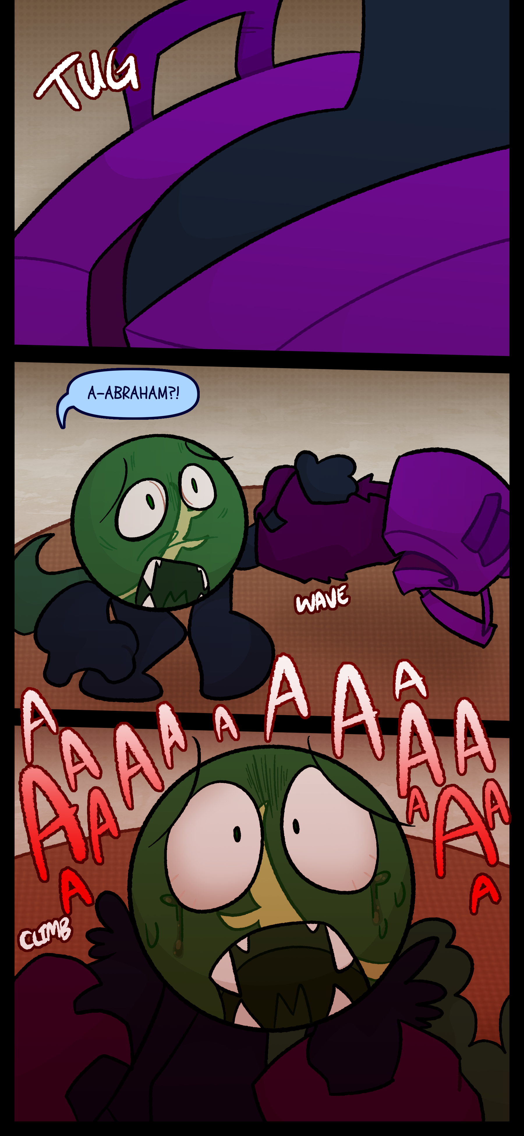 As Monroe is reaching into the purple backpack something tugs at him from inside. Monroe yelps "Abraham?!" Arms reach for Monroe's and as they reach up to him he screams.