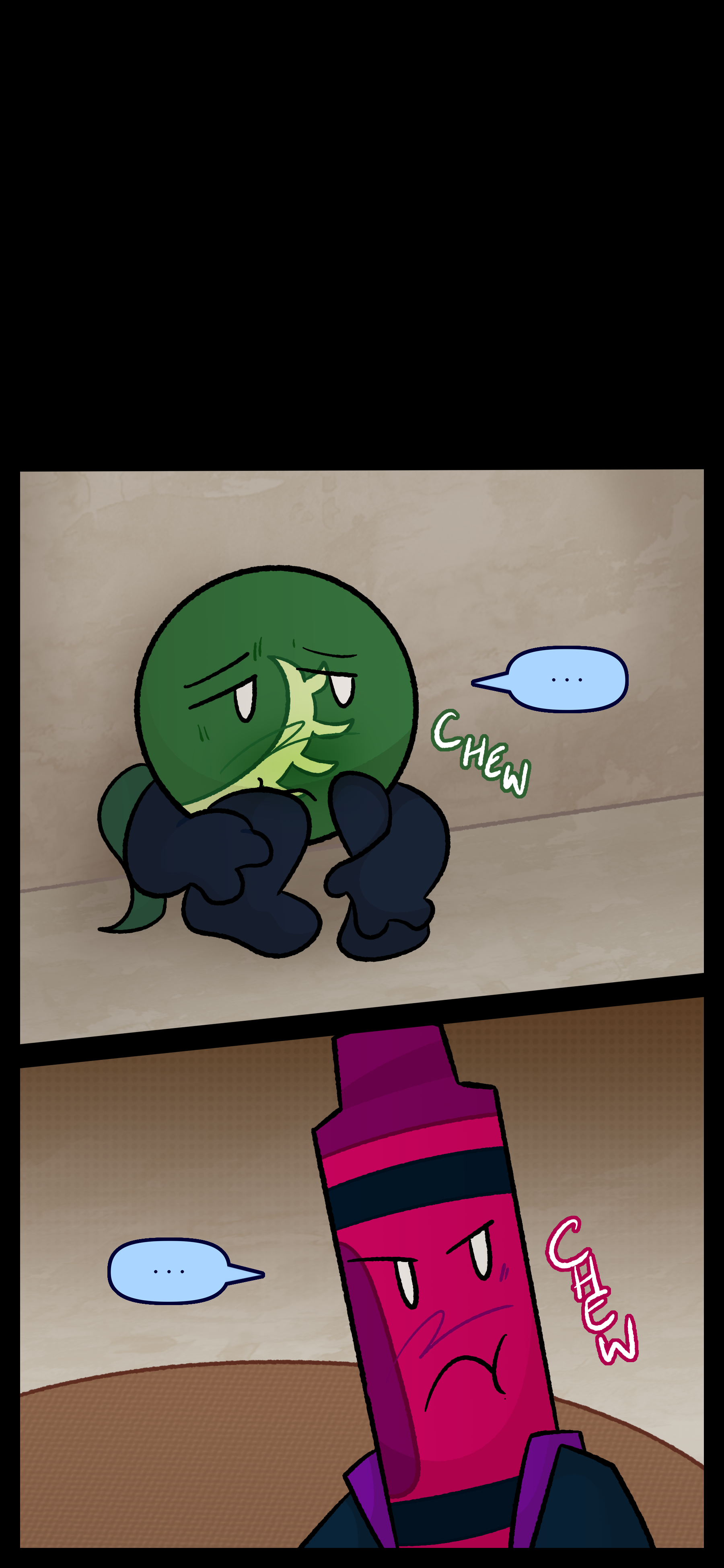 Later Monroe and Abraham are eating the cookie in silence. Monroe is sitting against a wall while Abraham looks angry and wears the purple backpack.