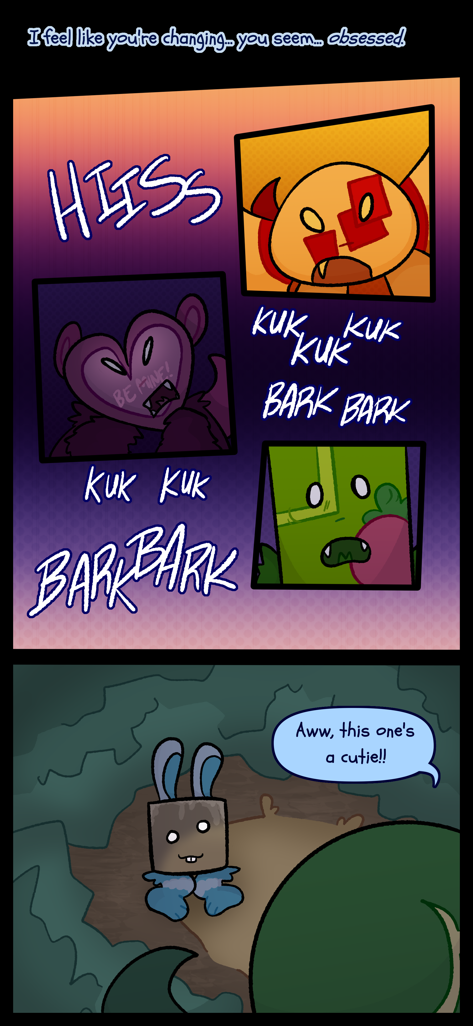 Monroe thinks to himself "I feel like you're changing... You seem obsessed." Several feral food objects are seen making threatening noises. Later a cute bunny object can be seen in the woods. Monroe says "Aww this one's a cutie!!"