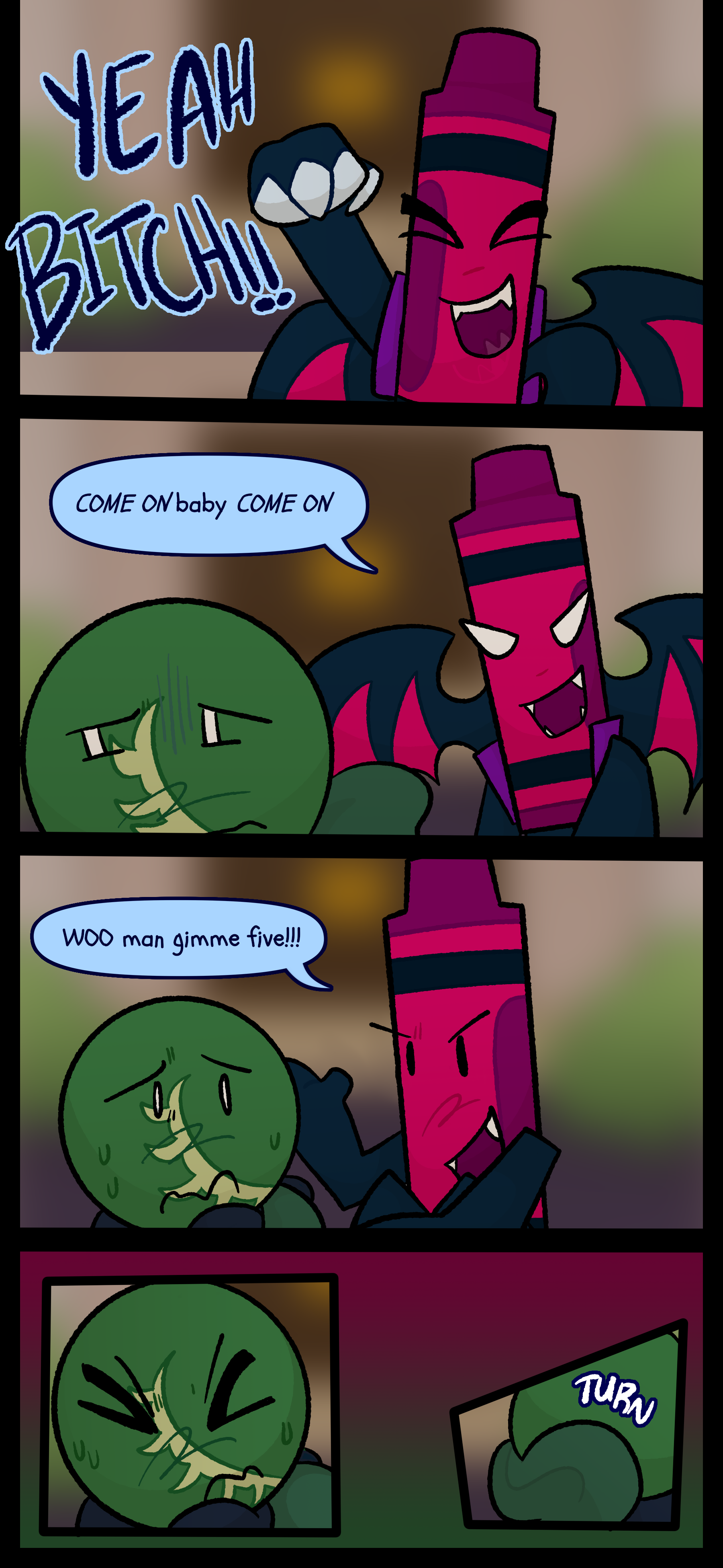 Abraham shouts "Yeah bitch!! Come on baby come on!!!" Monroe looks guilty but Abraham switches back to standard form and says "Woo man! Give me five!!" Monroe glances nervously at him before turning towards him.