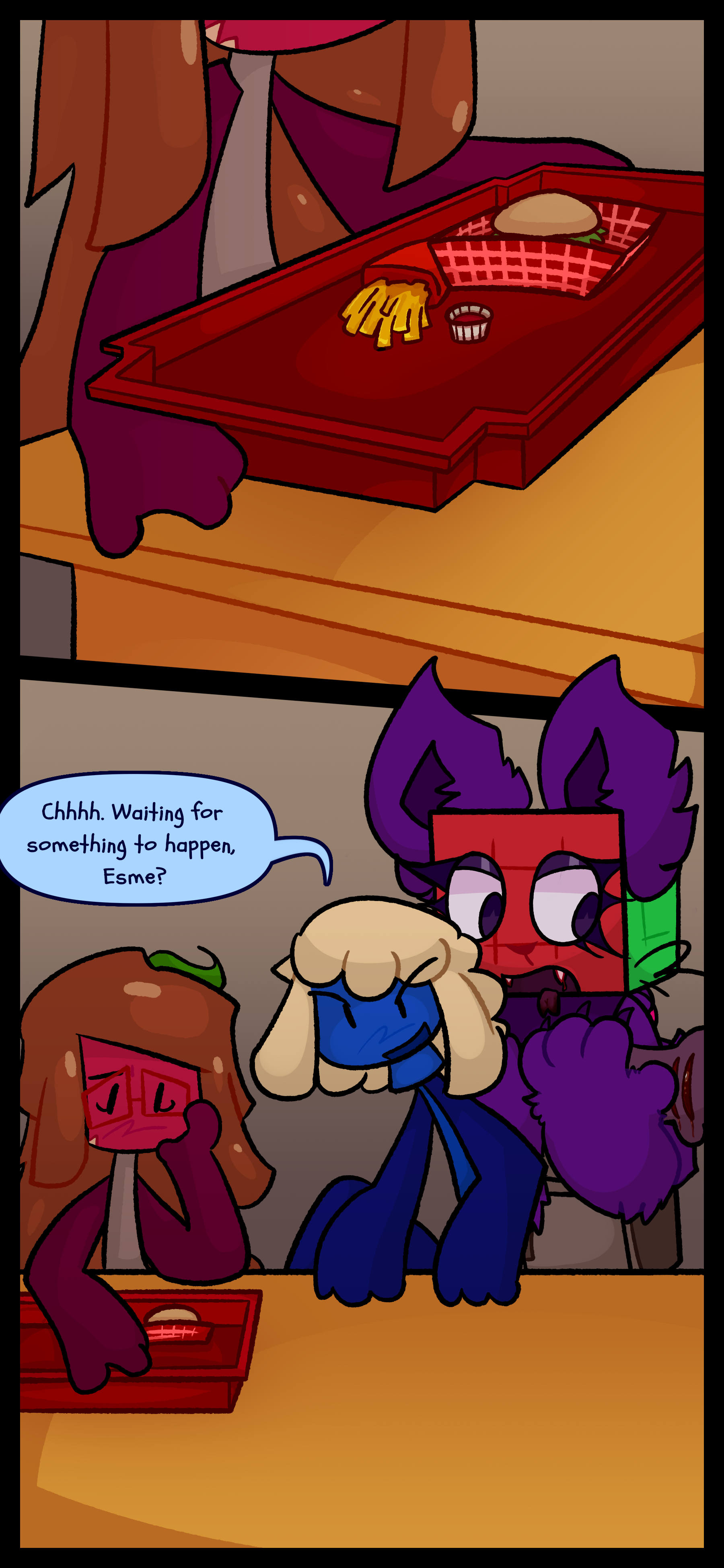 Esme sits down at a table holding a tray with a burger and fries. As she looks at her food Anton sneers "Tchhh. Waiting for something to happen Esme?" An object with a puzzle cube head looks at him.