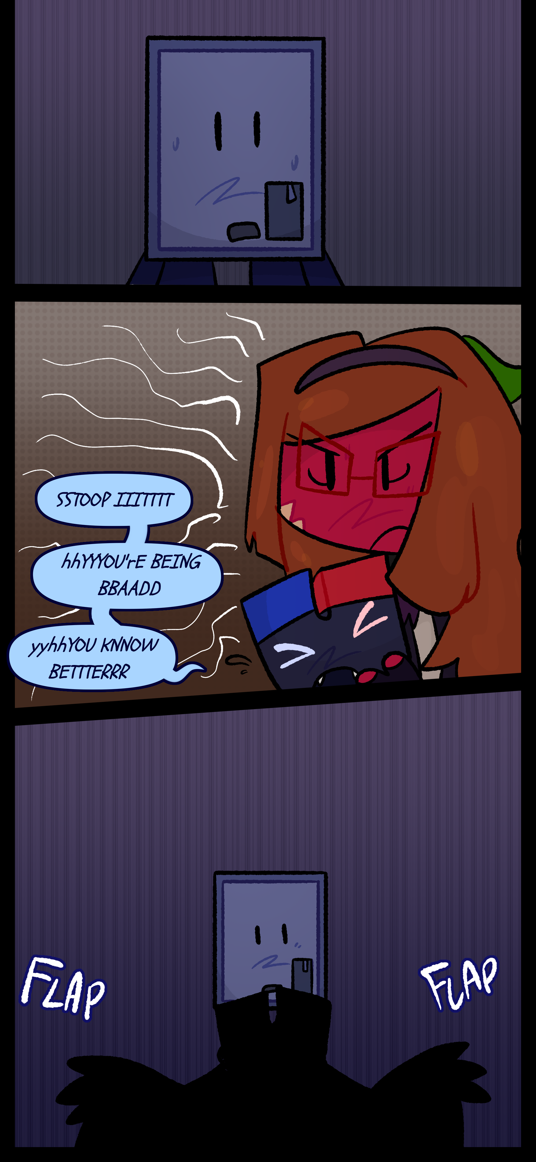 Montag stares forward, despondent. Keiji cries "STOP IIIT. YOU'RE BEING BAAAD. YOU KNOW BETTER." Esme stares at him furious. Keiji in therian form flies towards him.