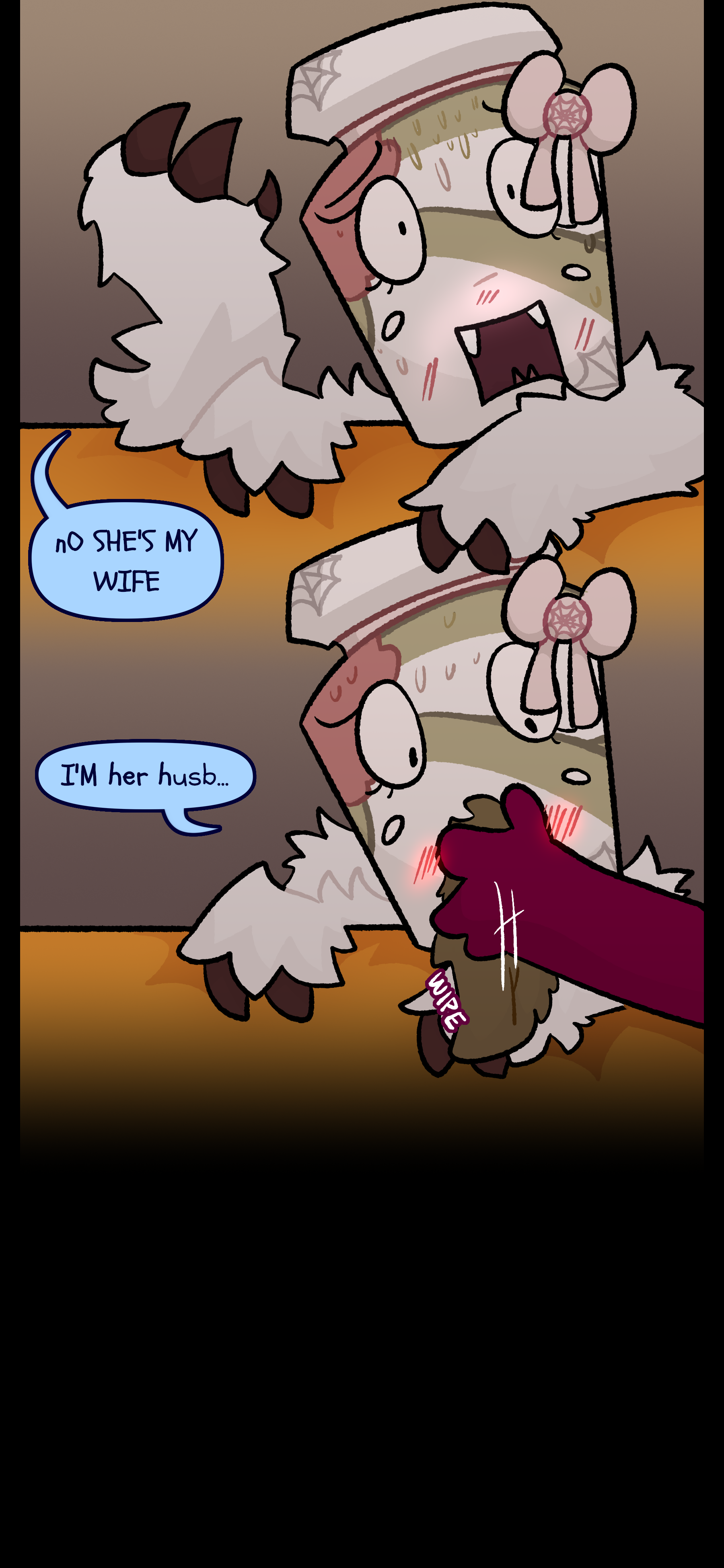 The urn object looks in embarrassment and says "NO SHE'S MY WIFE. I'M her husband..." Esme wipes his mouth as he says this. Cut to black.