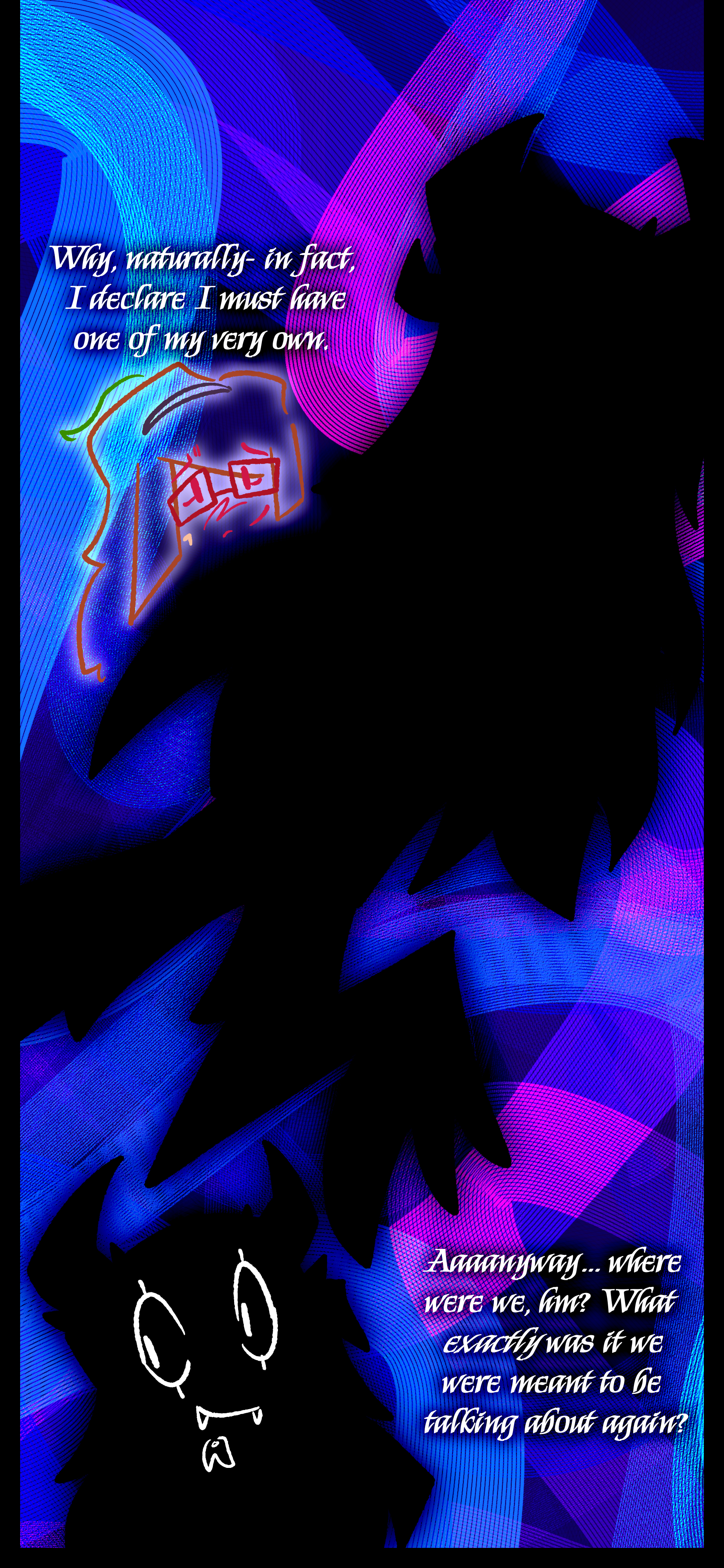 "Oooh yes, right... your little act of... shall we say, DISOBEDIENCE. Here now, darling; if you insist on continuing your ways like a bad girl, I'm going to have to keep laying down the law with every flourish." The Harbinger of Fate puts a claw around Esme's neck and laughs as she struggles for air. "Ah-ah-ah... shhh sweetie, I'm the one speaking."