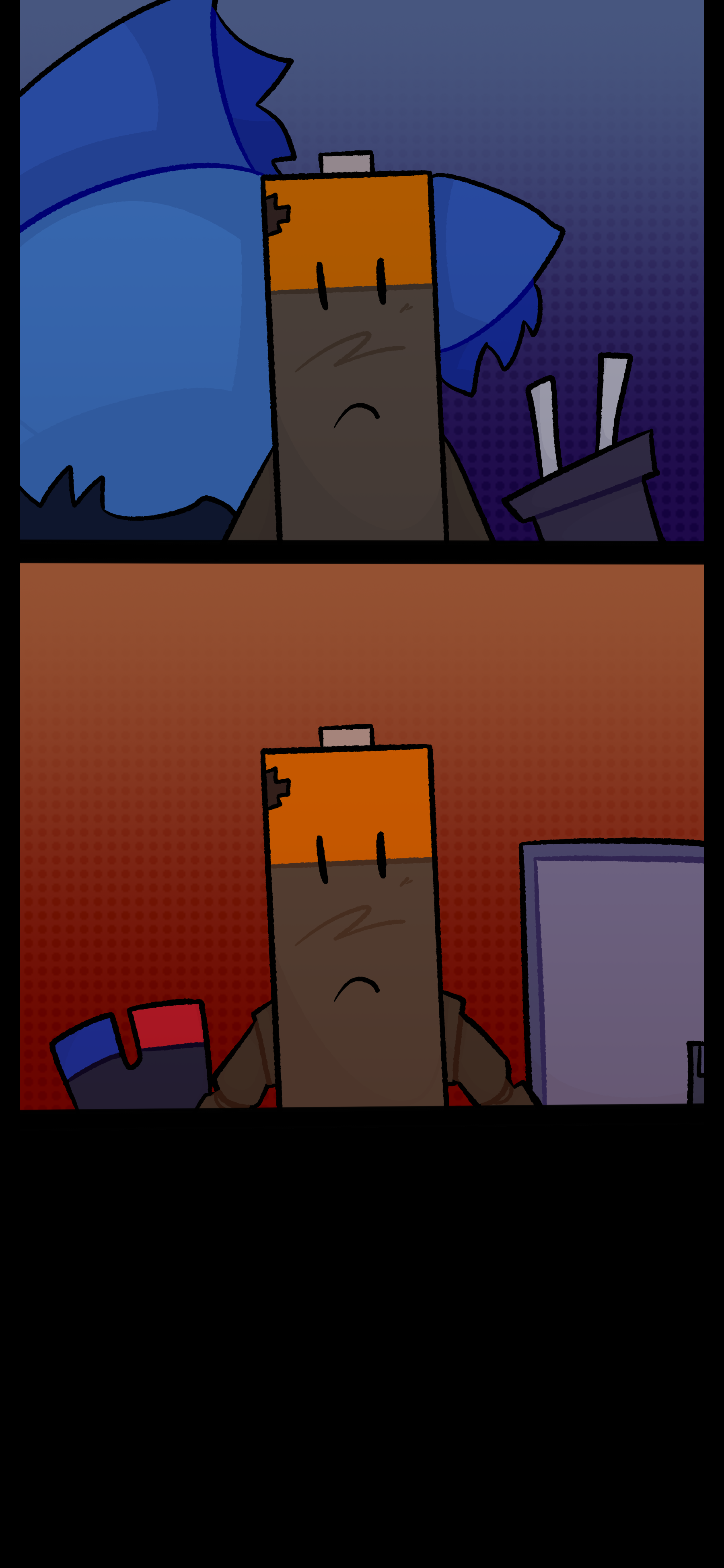 Peter stares blankly as he stands next to Blaire and Pepper whose faces cannot be seen. He has the same expression while standing next to Keiji and Montag though he has mechanical limbs.