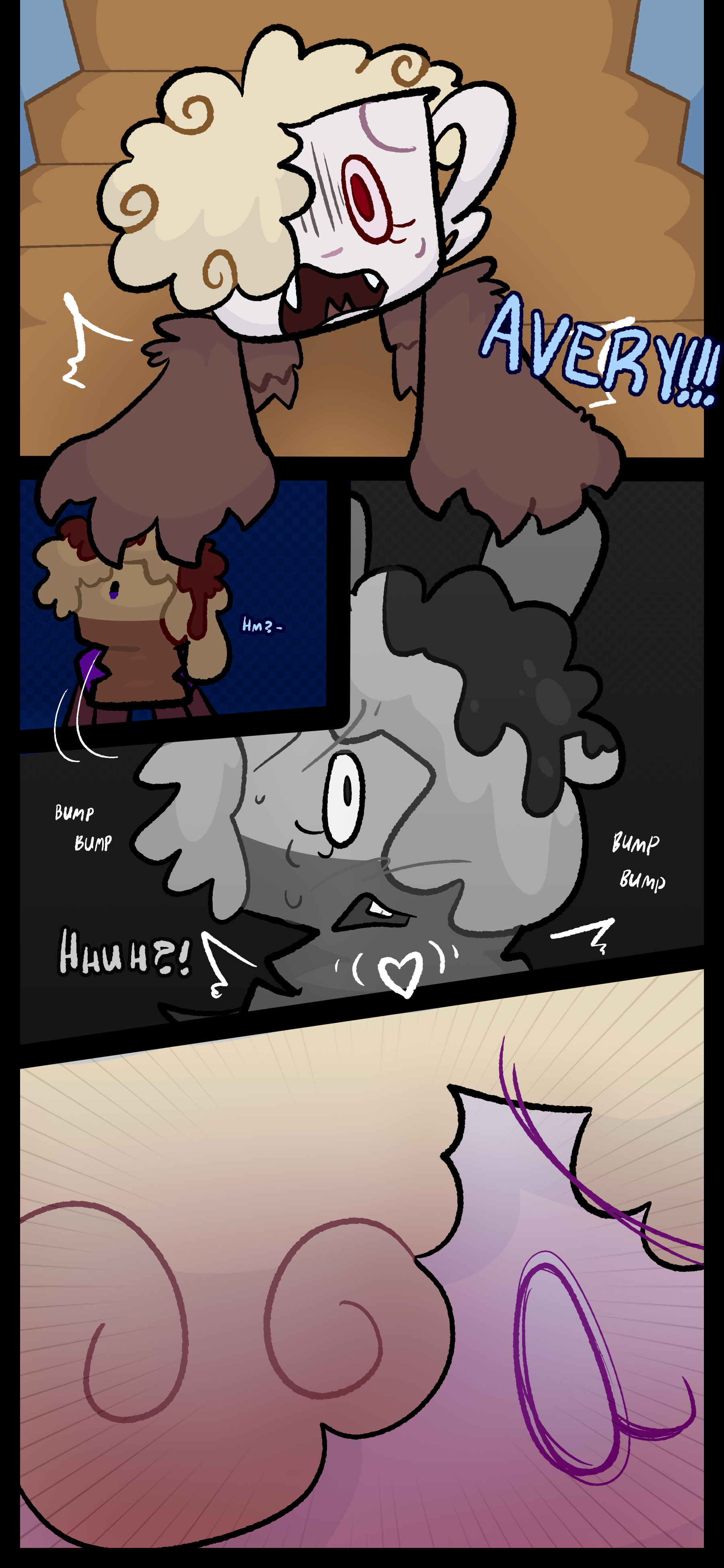 As Lora trips and falls down the stairs, she shouts, "AVERY!!!" Avery cries out, "Hm- HHUH?" and switches into her therian form in panic. Lora has a face of intense fear as she falls to the bottom.