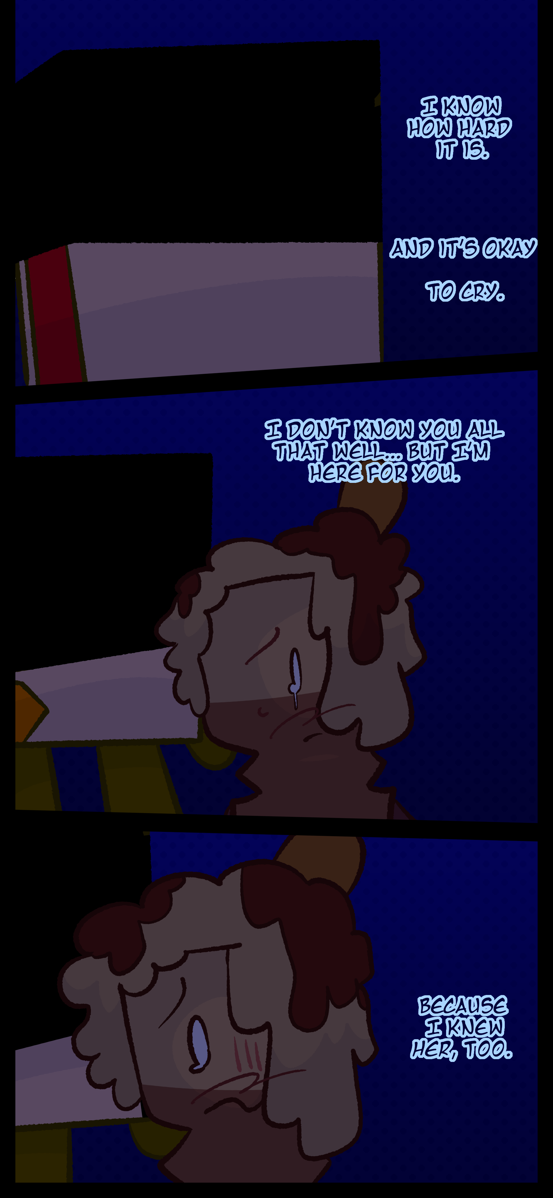 Avery sobs and chokes up as the object behind her, Lance, also known as Strikes, aged 21, pronouns they/them and he/him, comforts her more. "Affogato... It's not your fault. I'm sorry. I wish there was something we could do."